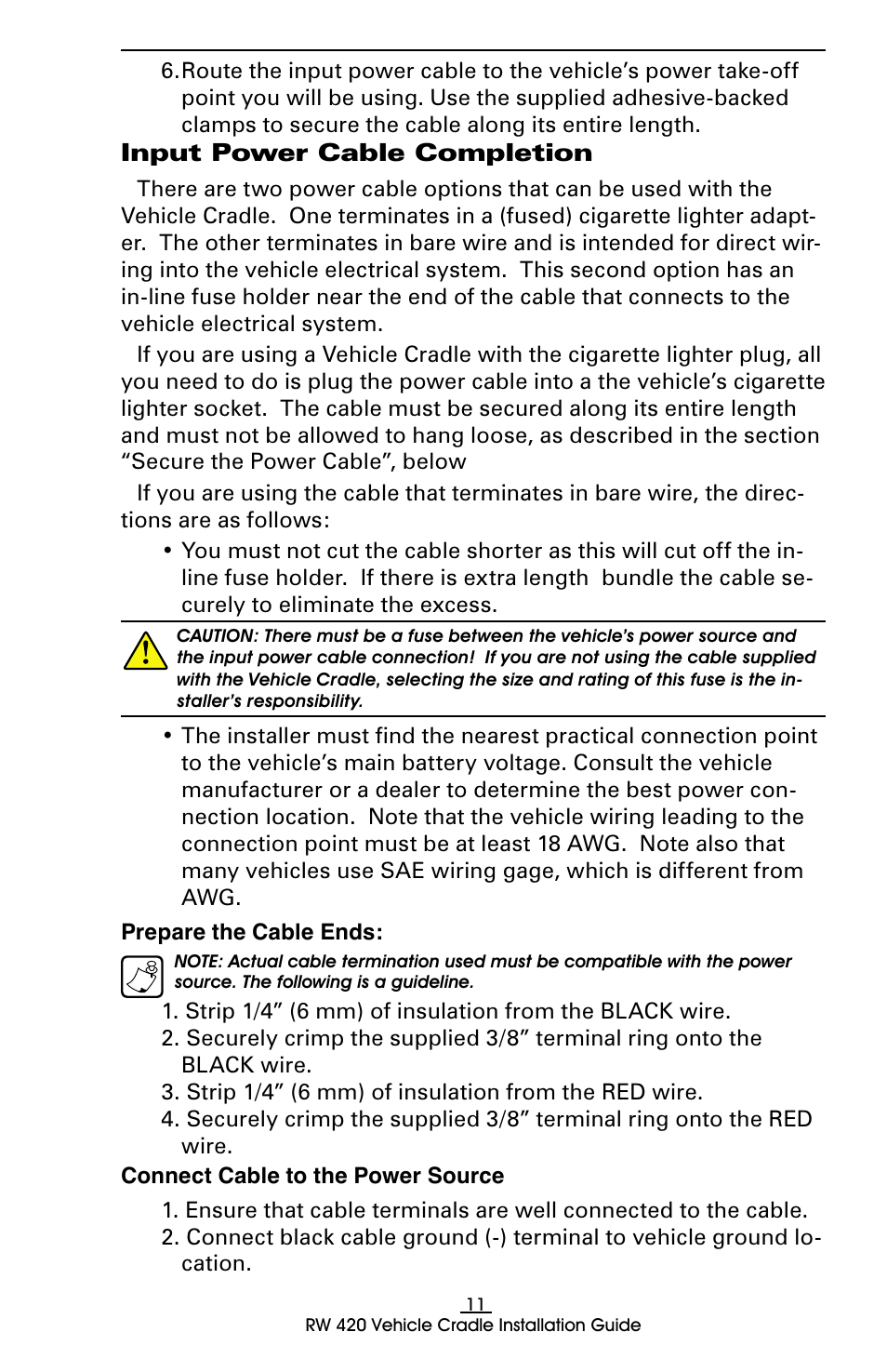 Input power cable completion | Rice Lake Zebra RW 420 Vehicle Cradle User Manual | Page 11 / 20