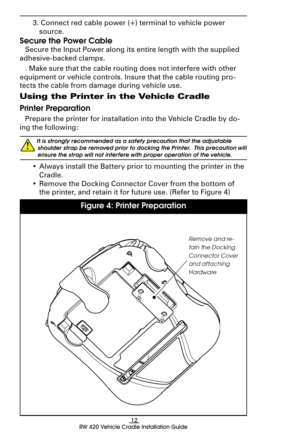 Using the printer in the vehicle cradle, Printer preparation | Rice Lake Zebra RW 420 Vehicle Cradle User Manual | Page 12 / 20