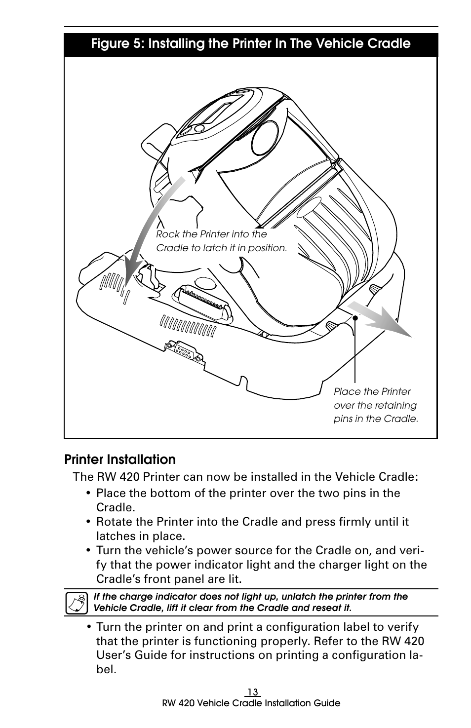 Printer installation | Rice Lake Zebra RW 420 Vehicle Cradle User Manual | Page 13 / 20