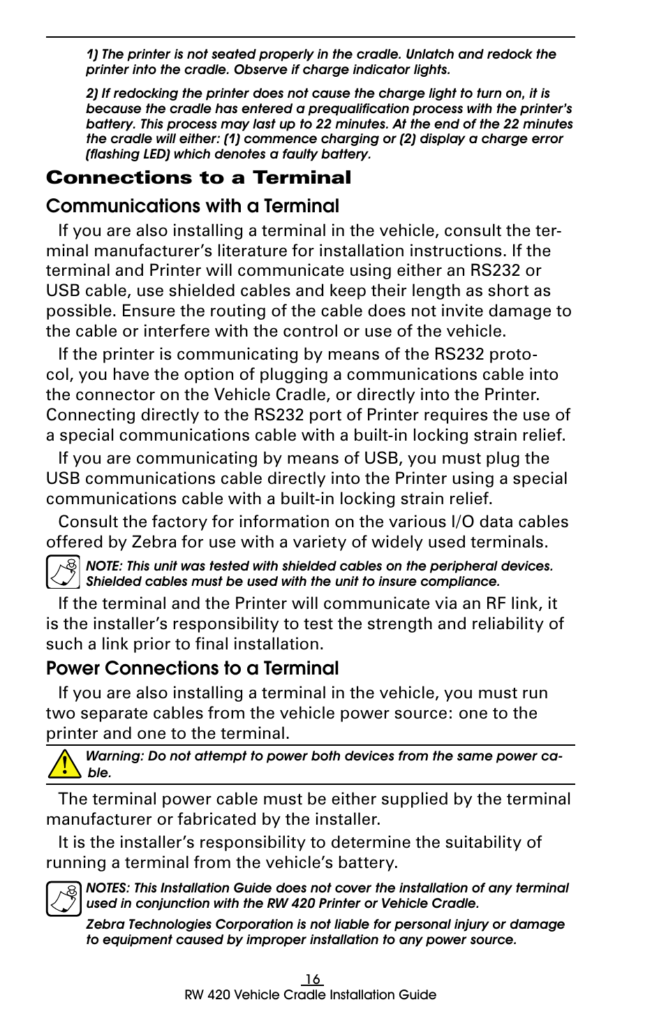 Connections to a terminal, Communications with a terminal, Power connections to a terminal | Rice Lake Zebra RW 420 Vehicle Cradle User Manual | Page 16 / 20