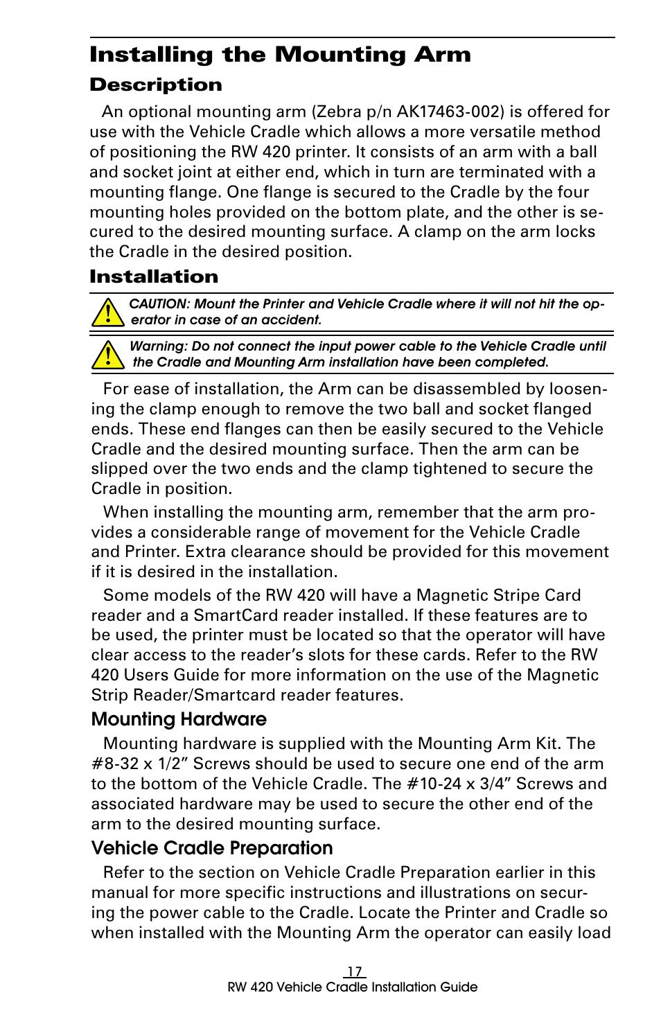 Installing the mounting arm, Description, Installation | Mounting hardware, Vehicle cradle preparation, Description installation, Mounting hardware vehicle cradle preparation | Rice Lake Zebra RW 420 Vehicle Cradle User Manual | Page 17 / 20