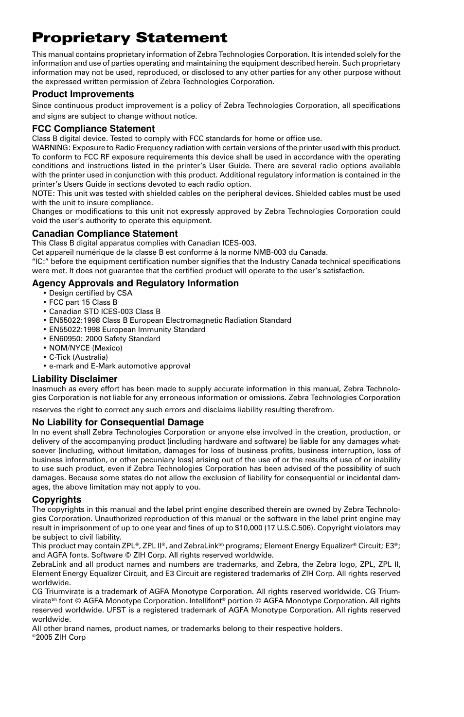 Proprietary statement, Product improvements, Fcc compliance statement | Canadian compliance statement, Agency approvals and regulatory information, Liability disclaimer, No liability for consequential damage, Copyrights | Rice Lake Zebra RW 420 Vehicle Cradle User Manual | Page 2 / 20