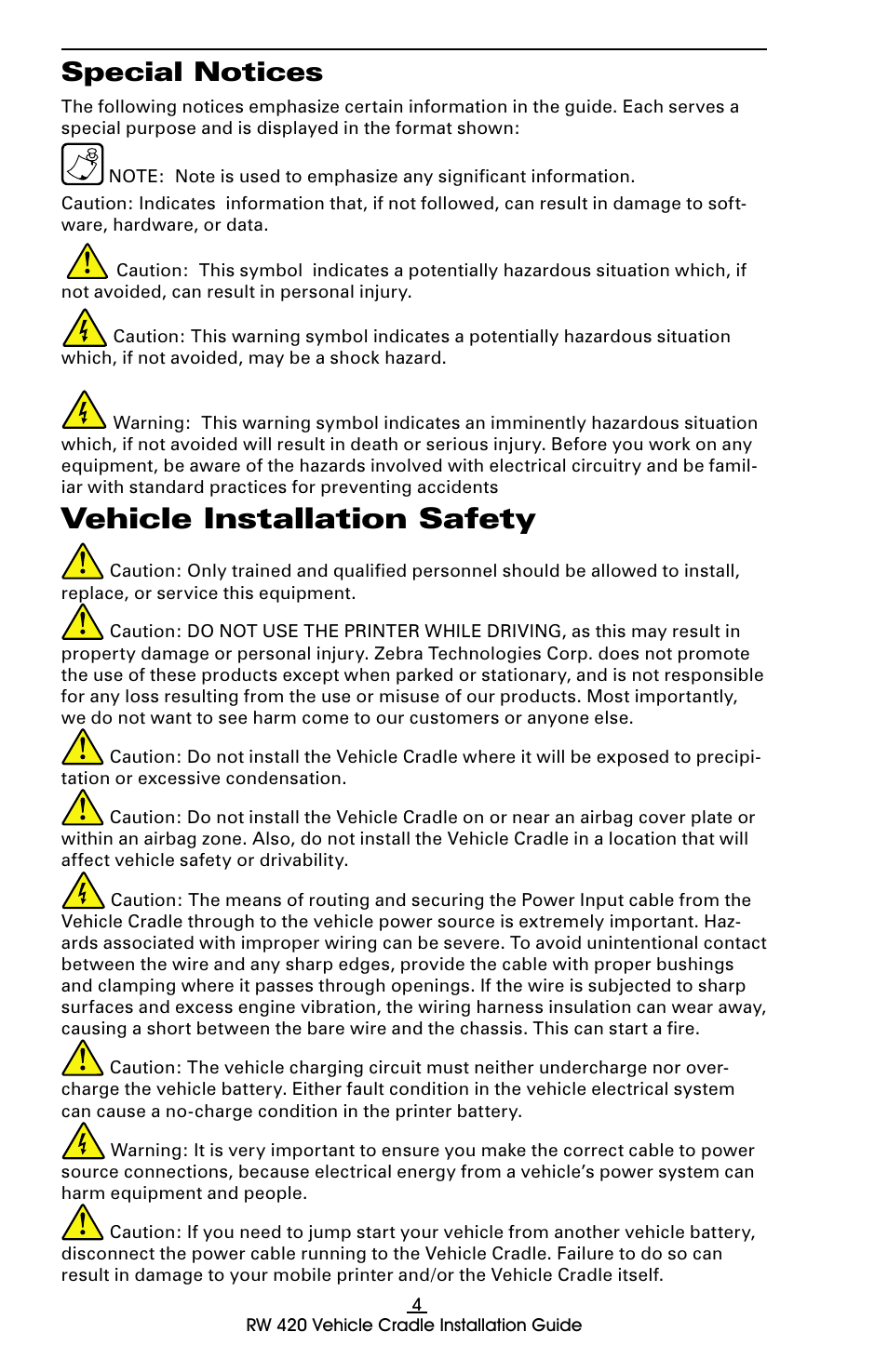 Vehicle installation safety, Special notices | Rice Lake Zebra RW 420 Vehicle Cradle User Manual | Page 4 / 20