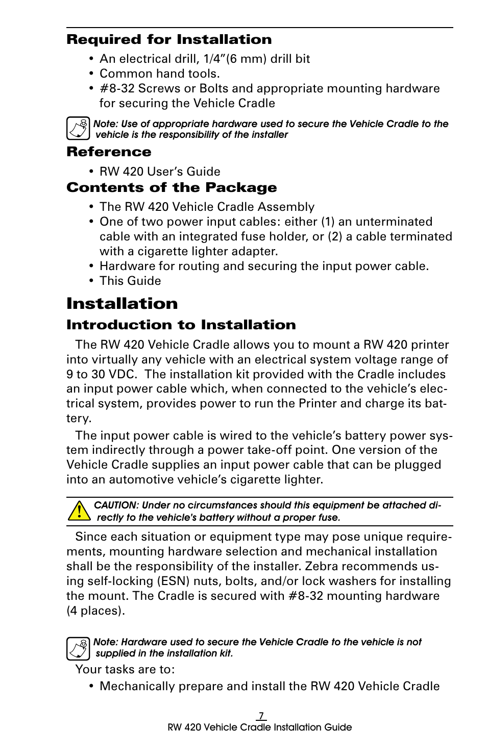 Required for installation, Reference, Contents of the package | Installation, Introduction to installation | Rice Lake Zebra RW 420 Vehicle Cradle User Manual | Page 7 / 20
