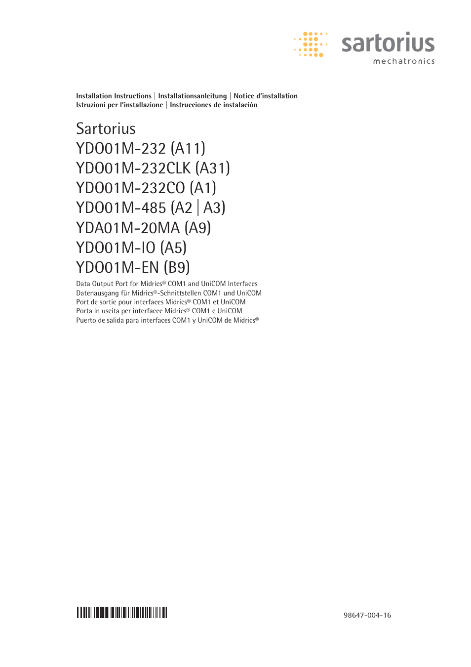Rice Lake Sartorius Midrics 1 and 2 Series - Installation Instructions User Manual | 88 pages