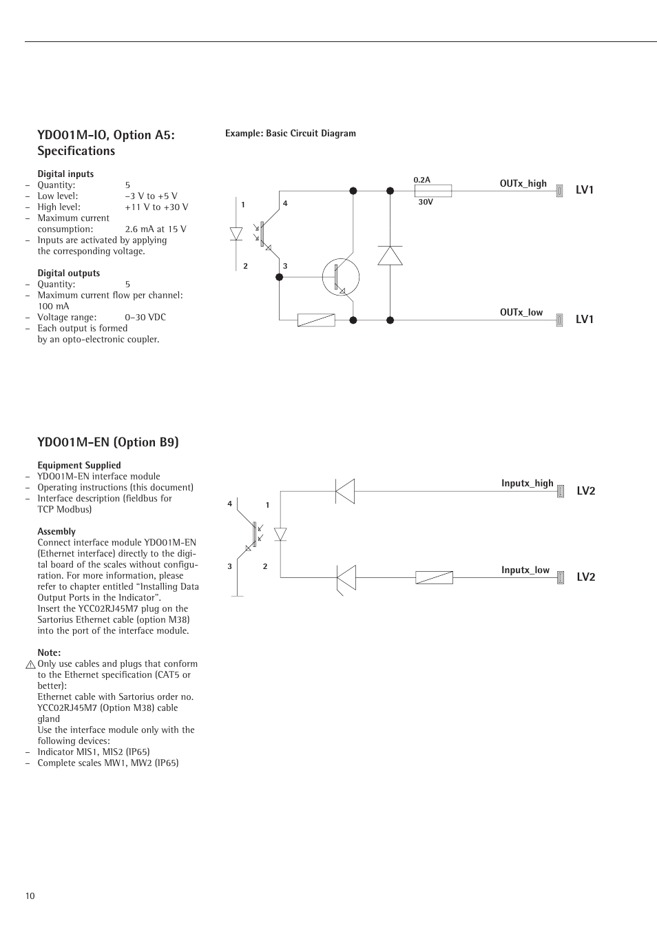 Ydo01m-io, option a5: specifications, Ydo01m-en (option b9) | Rice Lake Sartorius Midrics 1 and 2 Series - Installation Instructions User Manual | Page 10 / 88
