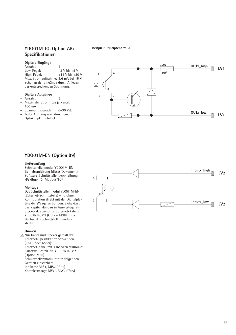 Ydo01m-io, option a5: spezifikationen, Ydo01m-en (option b9) | Rice Lake Sartorius Midrics 1 and 2 Series - Installation Instructions User Manual | Page 27 / 88