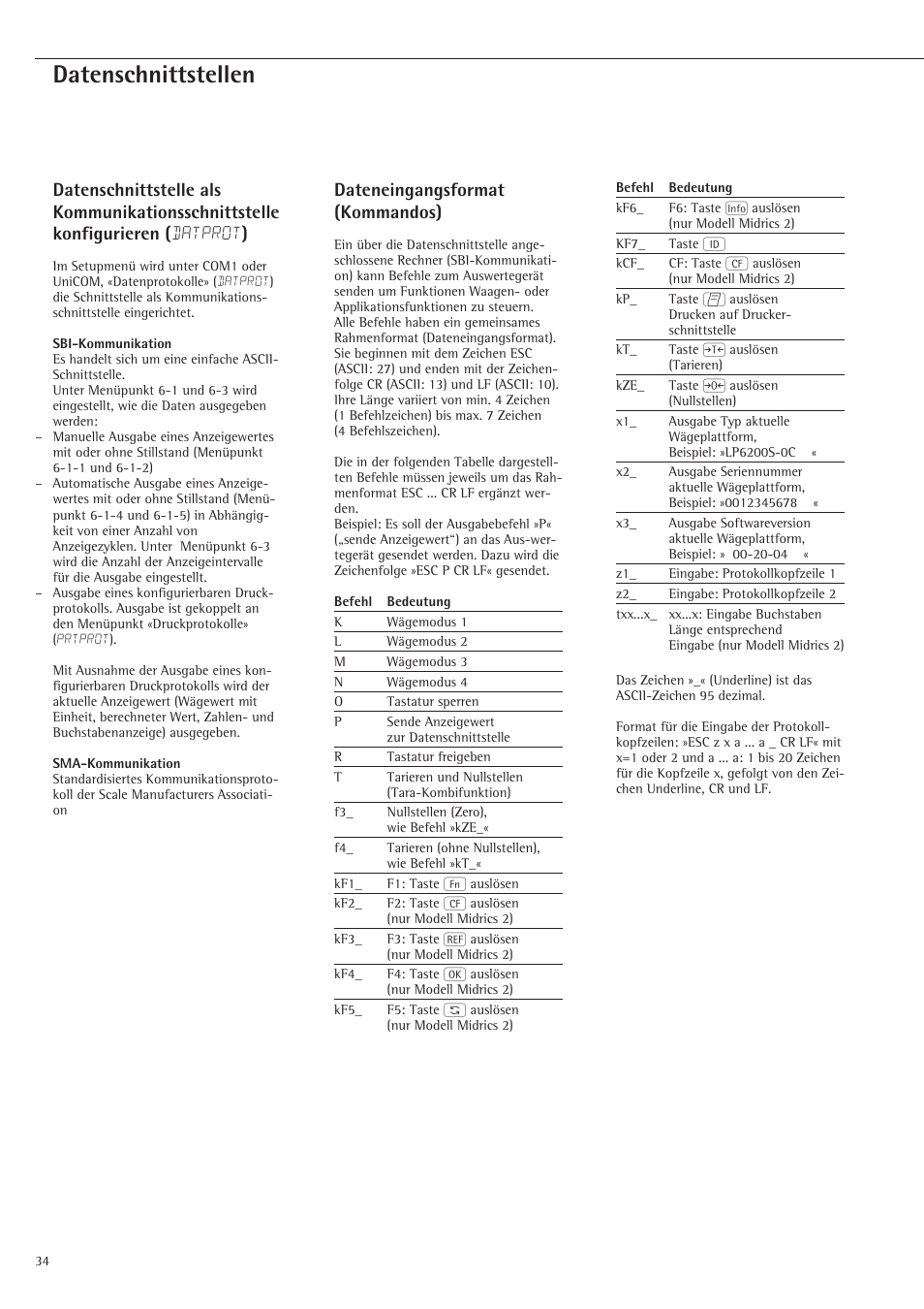 Datenschnittstellen, Dateneingangsformat (kommandos) | Rice Lake Sartorius Midrics 1 and 2 Series - Installation Instructions User Manual | Page 34 / 88