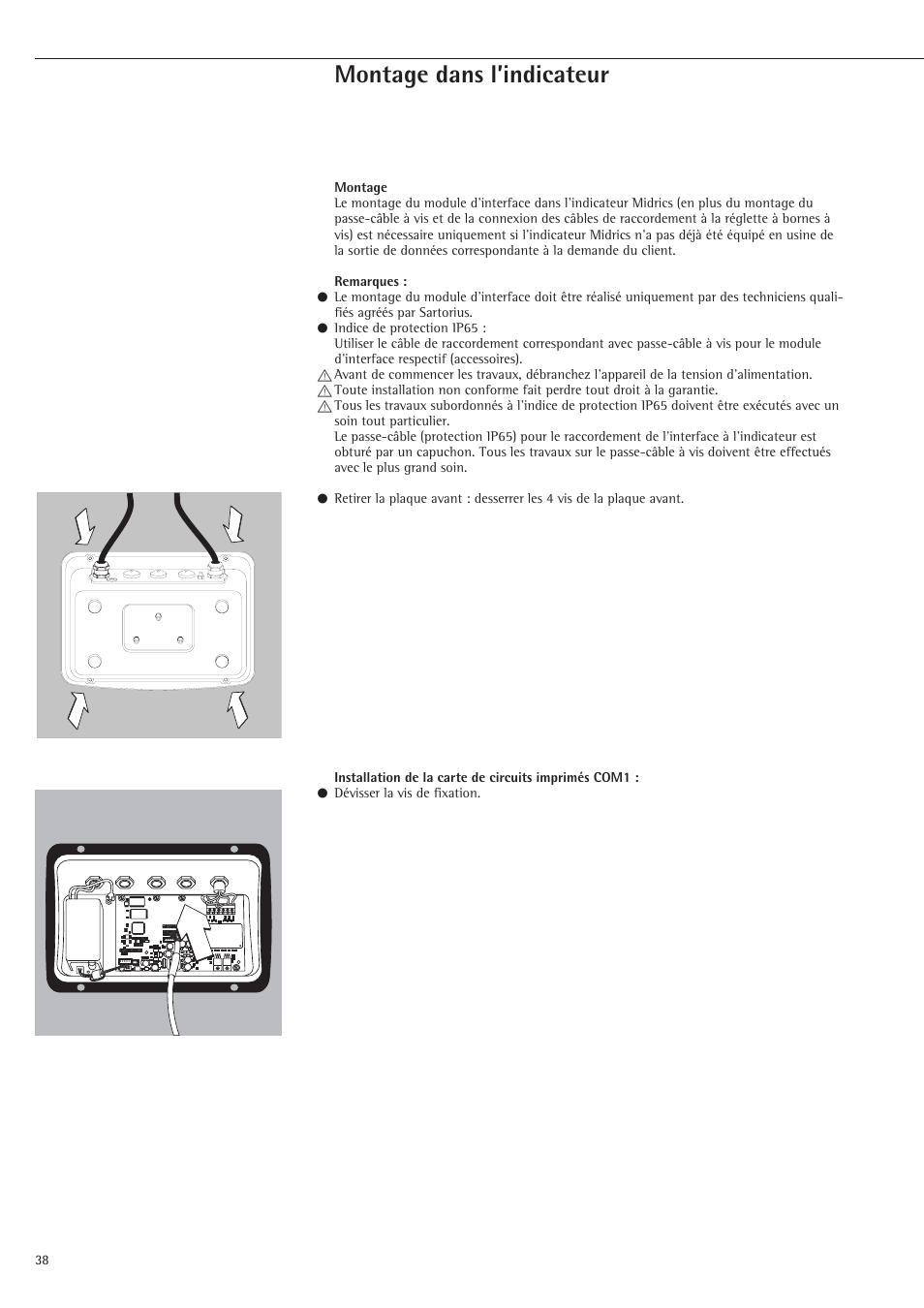 Montage dans l’indicateur | Rice Lake Sartorius Midrics 1 and 2 Series - Installation Instructions User Manual | Page 38 / 88
