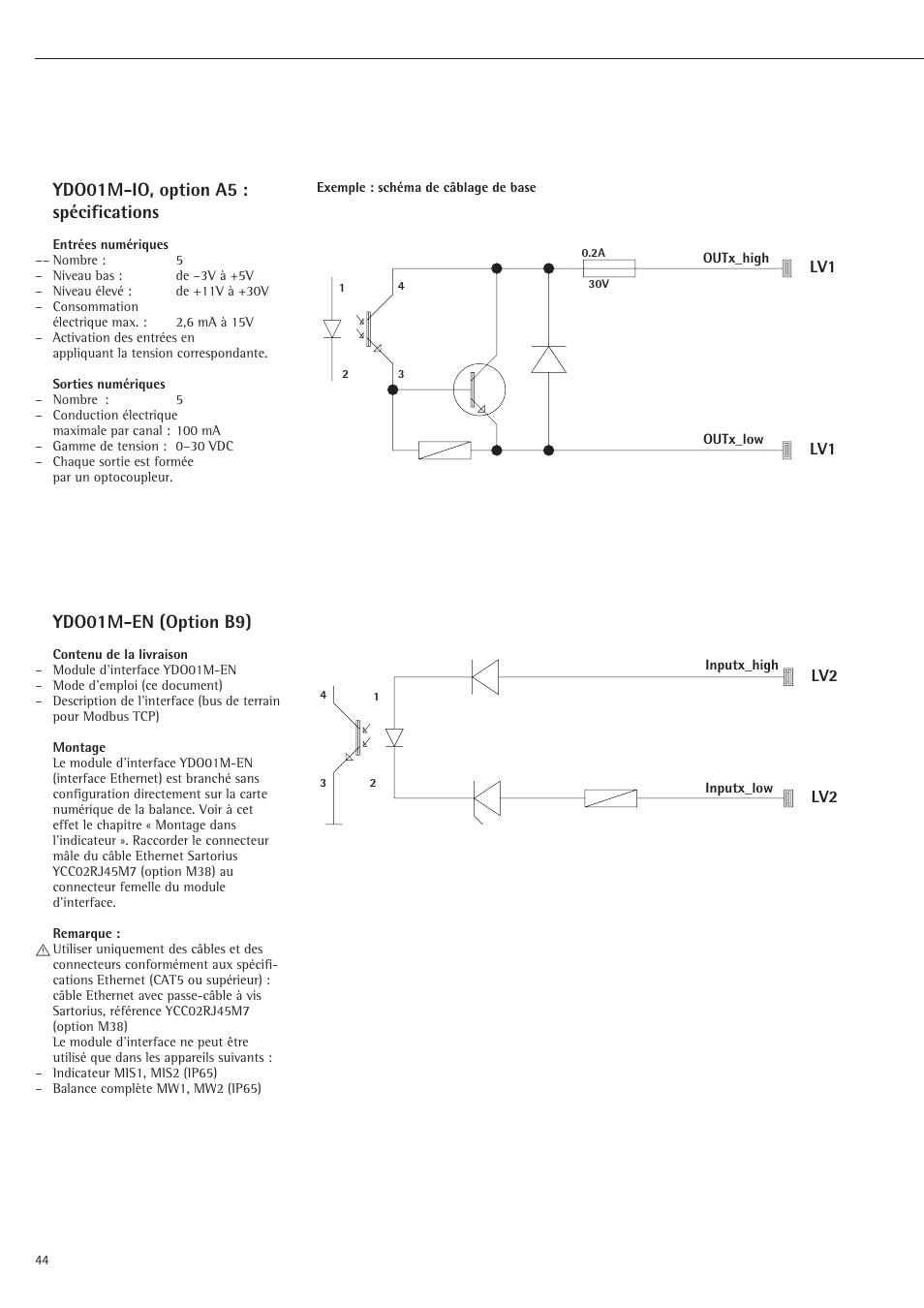 Ydo01m-io, option a5 : spécifications, Ydo01m-en (option b9) | Rice Lake Sartorius Midrics 1 and 2 Series - Installation Instructions User Manual | Page 44 / 88