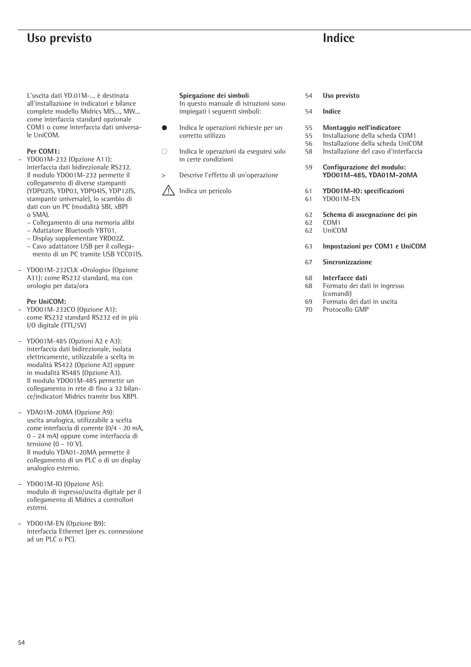 Uso previsto, Indice | Rice Lake Sartorius Midrics 1 and 2 Series - Installation Instructions User Manual | Page 54 / 88