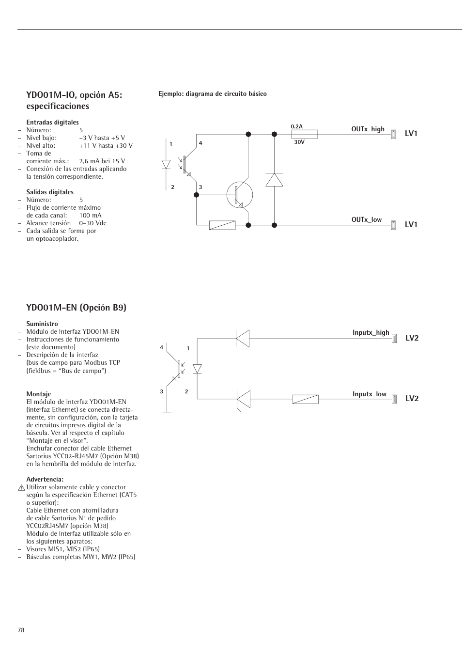 Ydo01m-io, opción a5: especificaciones, Ydo01m-en (opción b9) | Rice Lake Sartorius Midrics 1 and 2 Series - Installation Instructions User Manual | Page 78 / 88