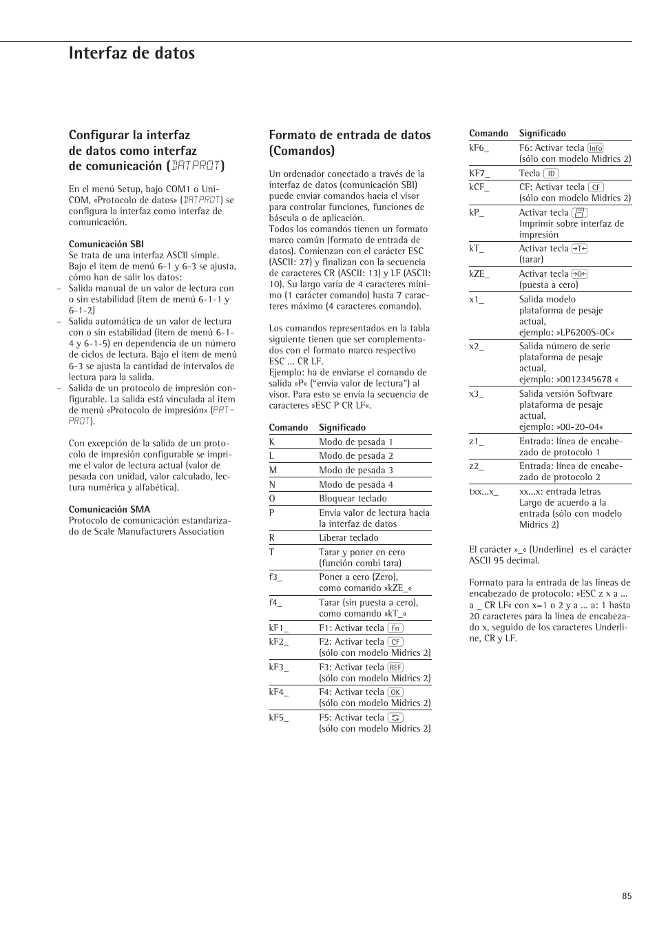 Interfaz de datos, Formato de entrada de datos (comandos) | Rice Lake Sartorius Midrics 1 and 2 Series - Installation Instructions User Manual | Page 85 / 88