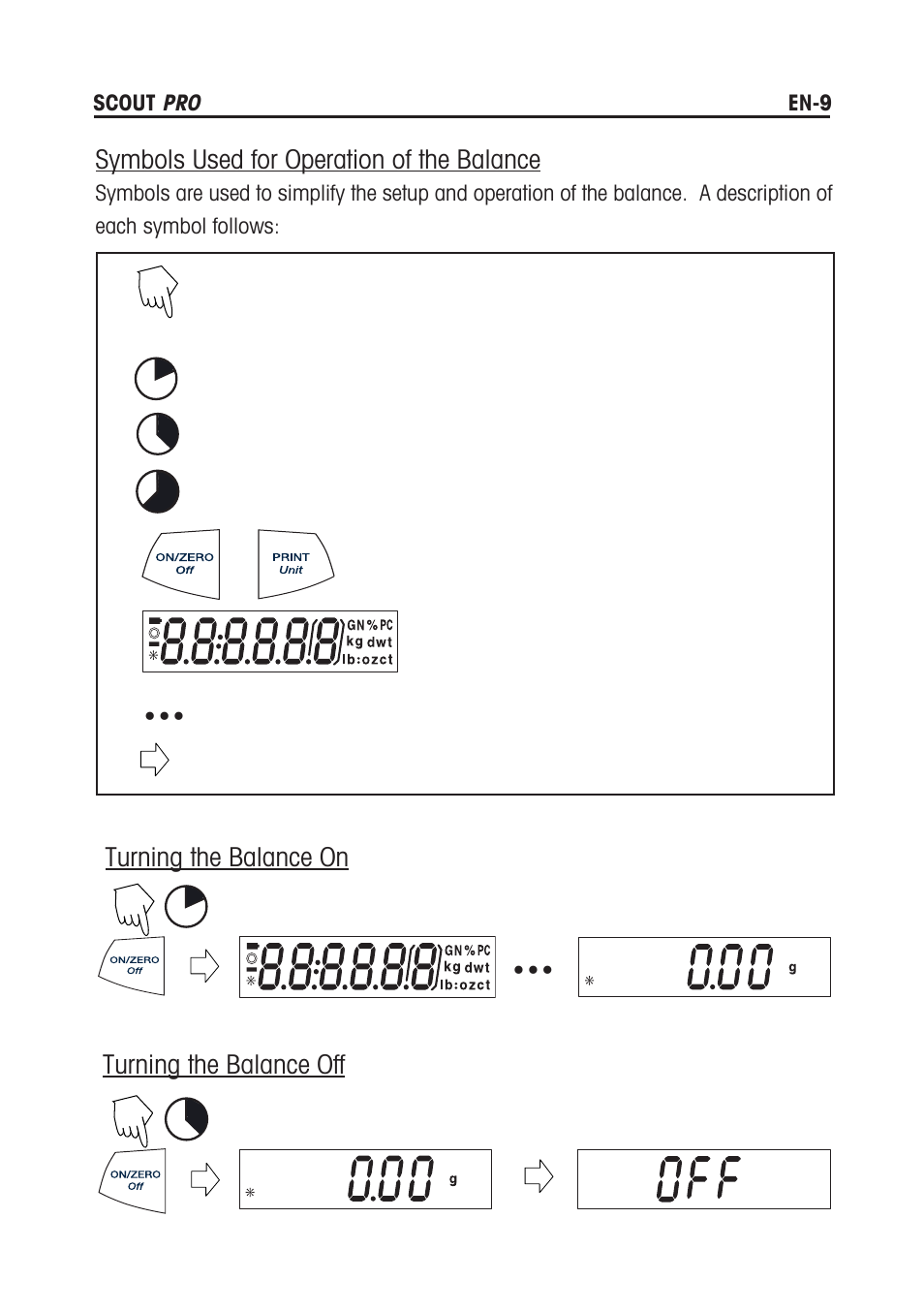 Symbols used for operation of the balance, Turning the balance on turning the balance off | Rice Lake Scout Pro Series Portable, Ohaus - Instruction Manual User Manual | Page 13 / 36