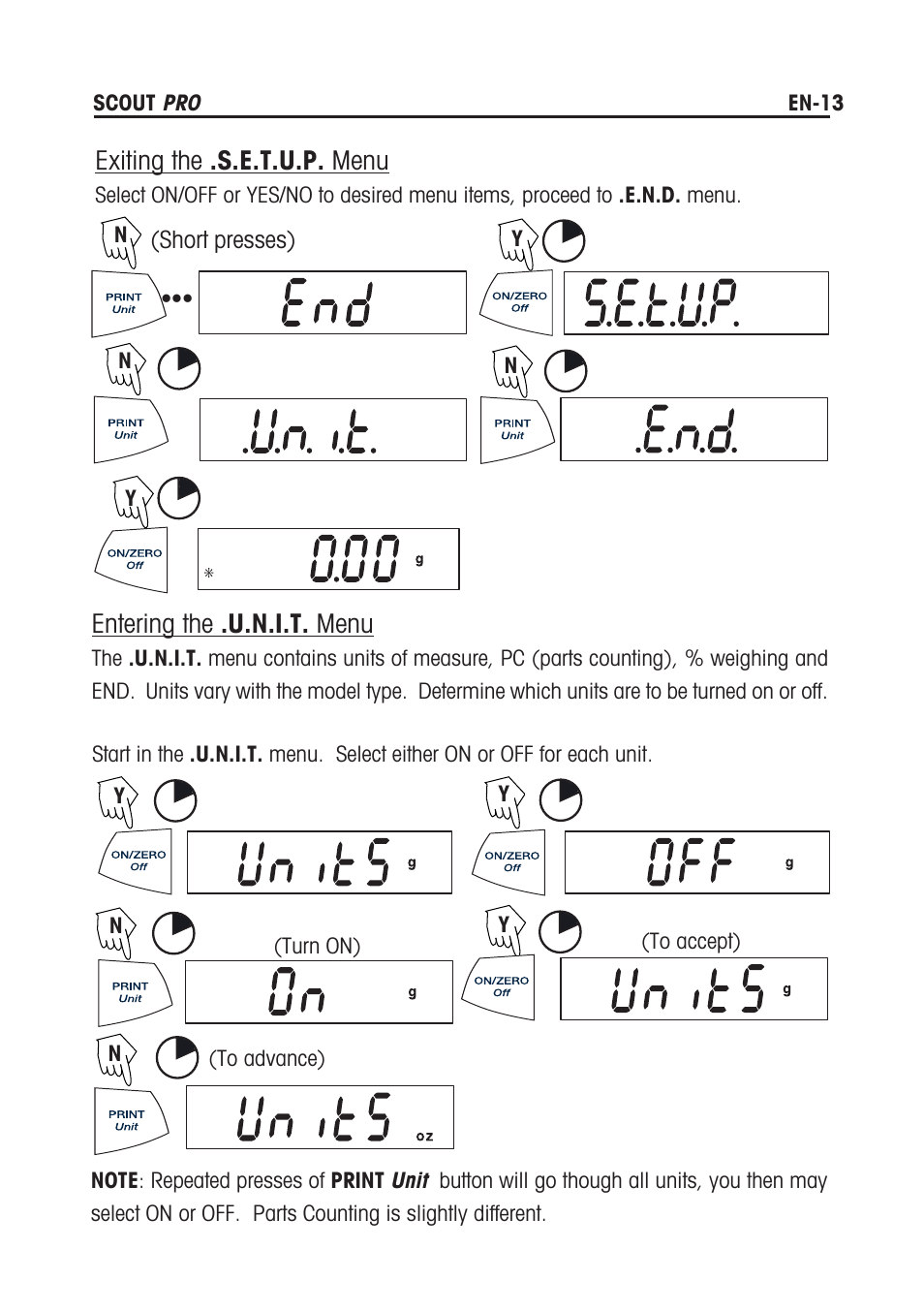 Exiting the .s.e.t.u.p. menu, Entering the .u.n.i.t. menu, Short presses) | Rice Lake Scout Pro Series Portable, Ohaus - Instruction Manual User Manual | Page 17 / 36