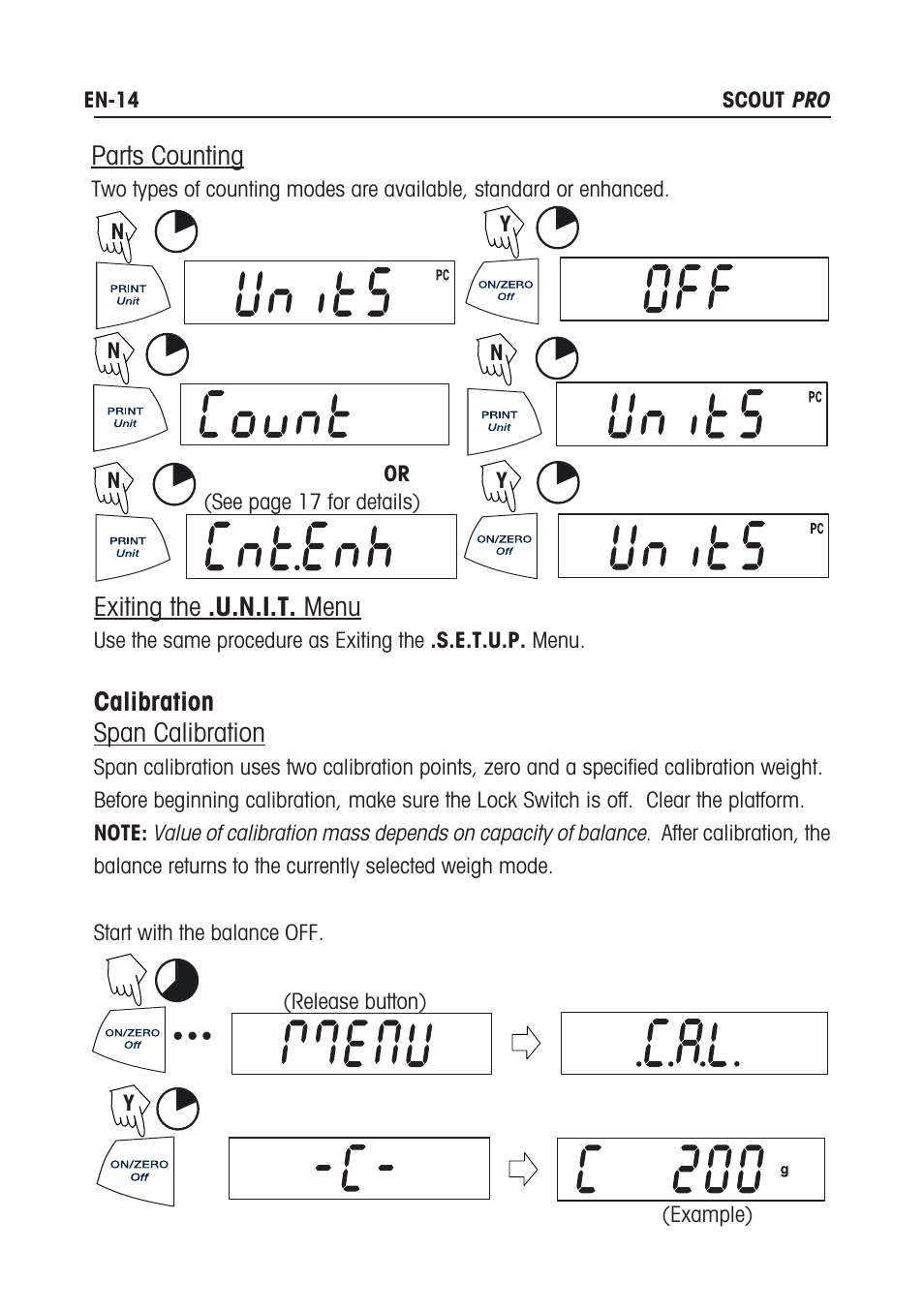 Parts counting, Exiting the .u.n.i.t. menu, Calibration span calibration | Rice Lake Scout Pro Series Portable, Ohaus - Instruction Manual User Manual | Page 18 / 36