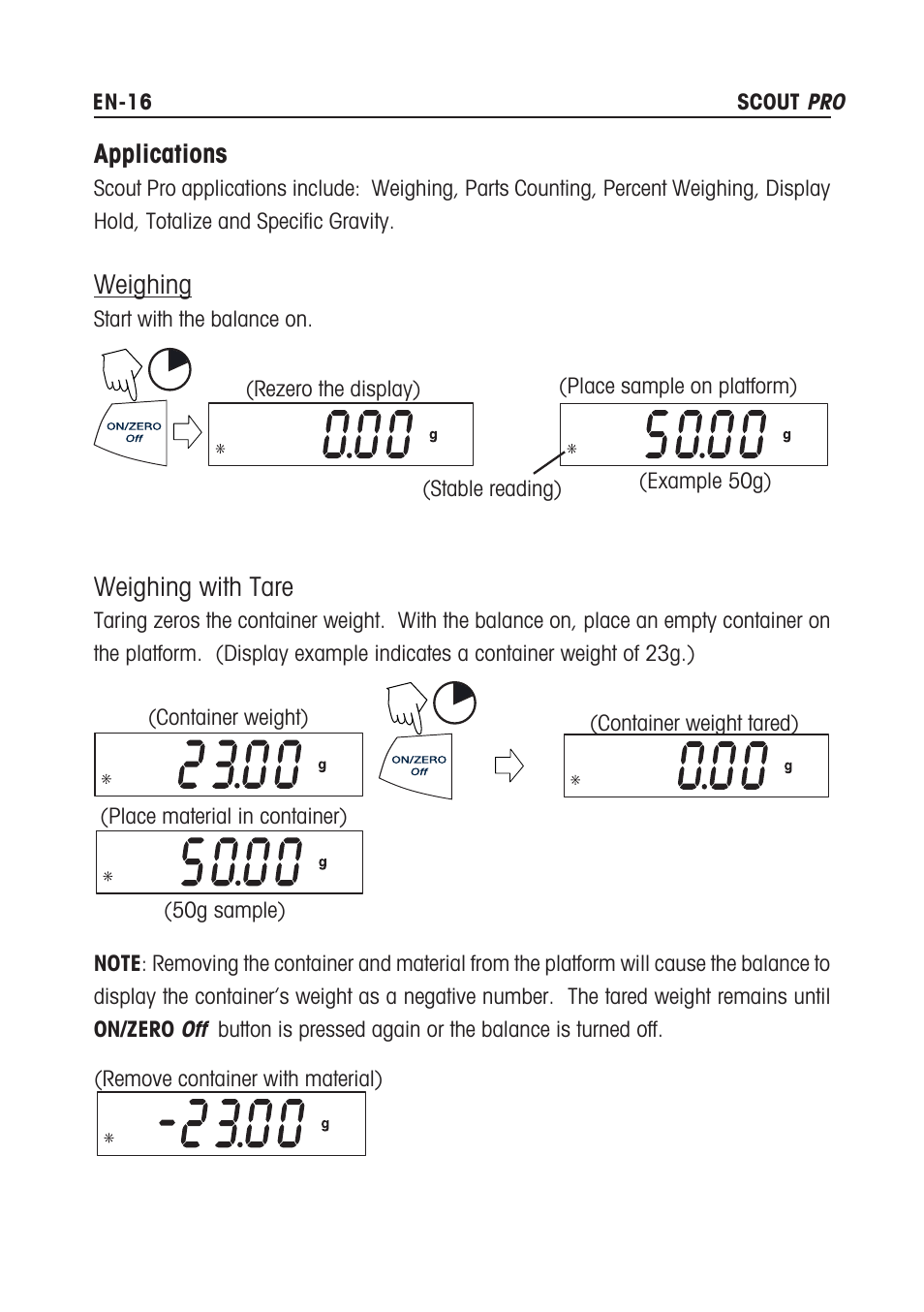 Applications, Weighing, Weighing with tare | Rice Lake Scout Pro Series Portable, Ohaus - Instruction Manual User Manual | Page 20 / 36