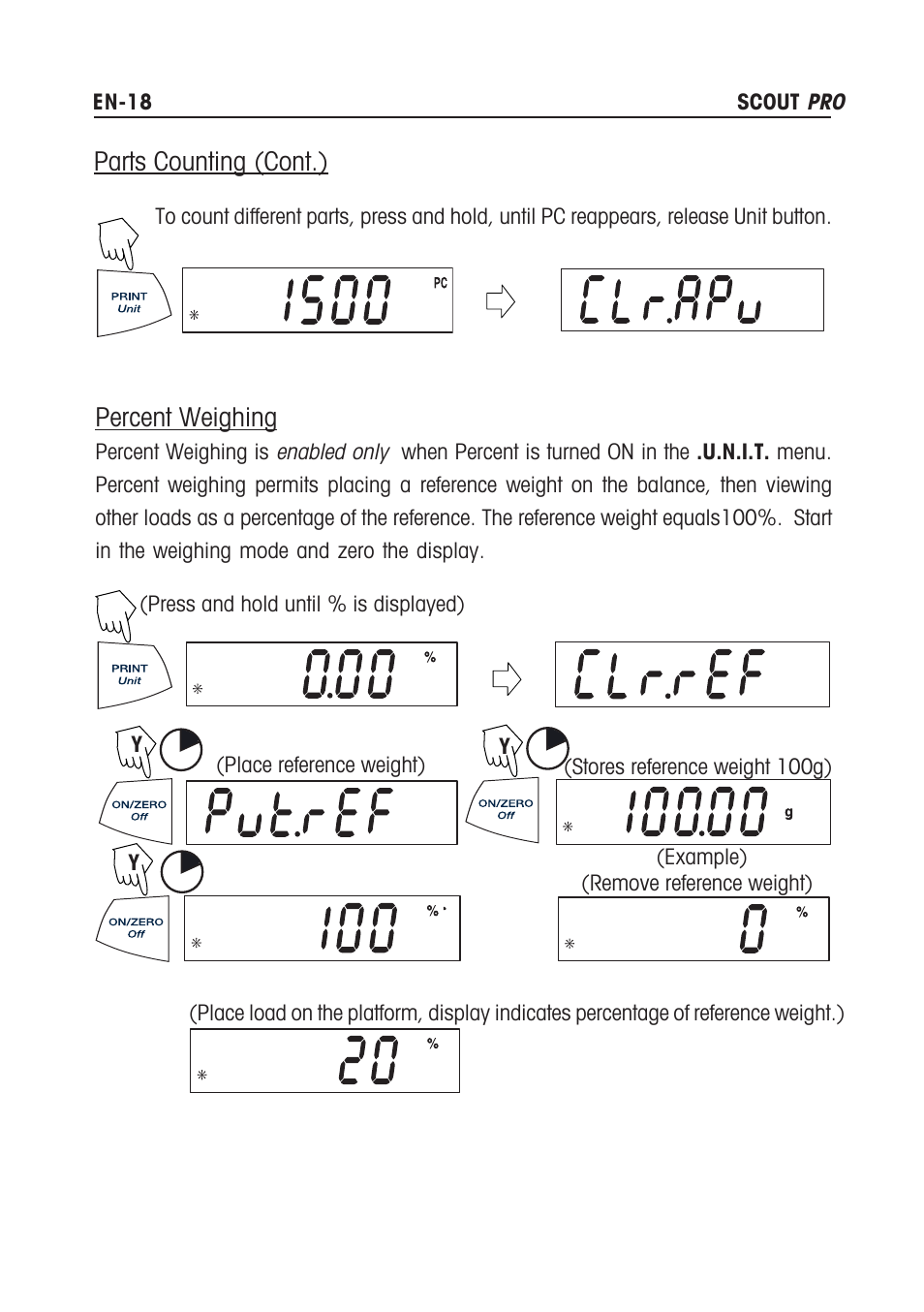 Parts counting (cont.) percent weighing | Rice Lake Scout Pro Series Portable, Ohaus - Instruction Manual User Manual | Page 22 / 36