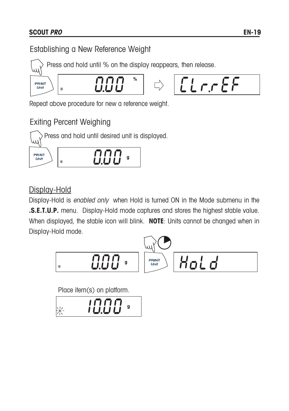 Exiting percent weighing, Display-hold, Establishing a new reference weight | Rice Lake Scout Pro Series Portable, Ohaus - Instruction Manual User Manual | Page 23 / 36