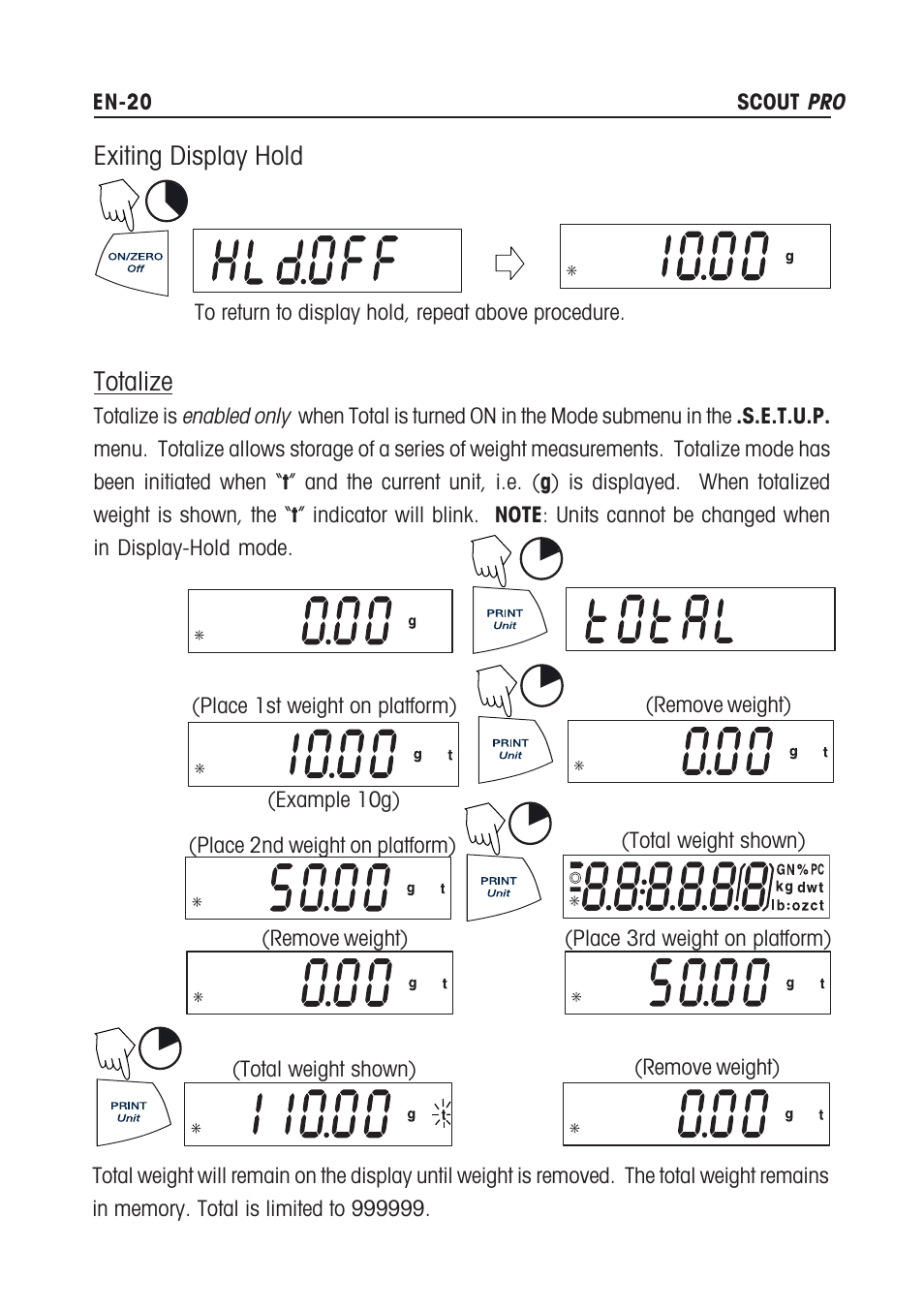 Exiting display hold, Totalize | Rice Lake Scout Pro Series Portable, Ohaus - Instruction Manual User Manual | Page 24 / 36