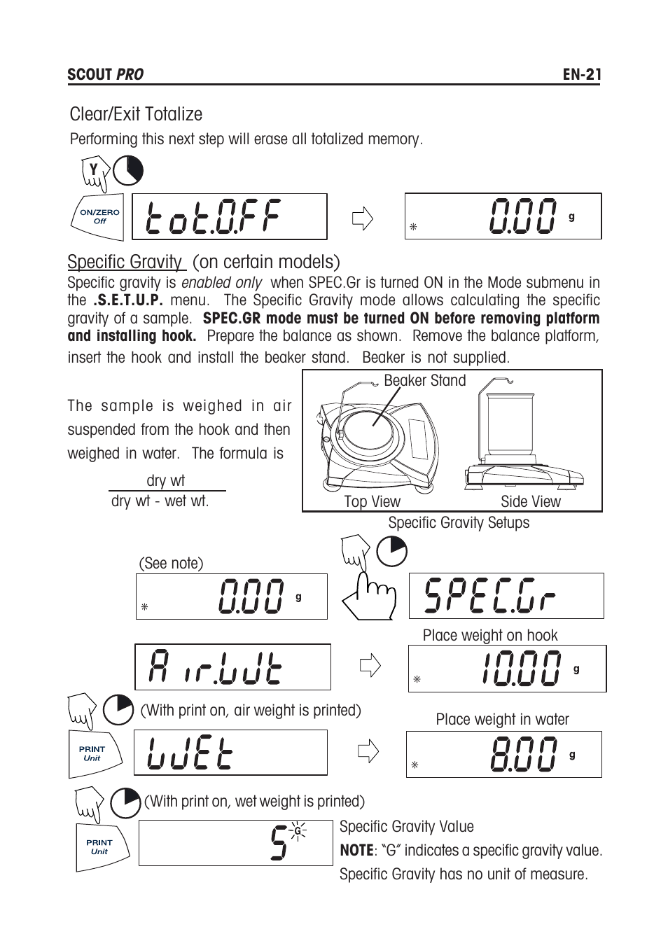 Clear/exit totalize, Specific gravity (on certain models) | Rice Lake Scout Pro Series Portable, Ohaus - Instruction Manual User Manual | Page 25 / 36