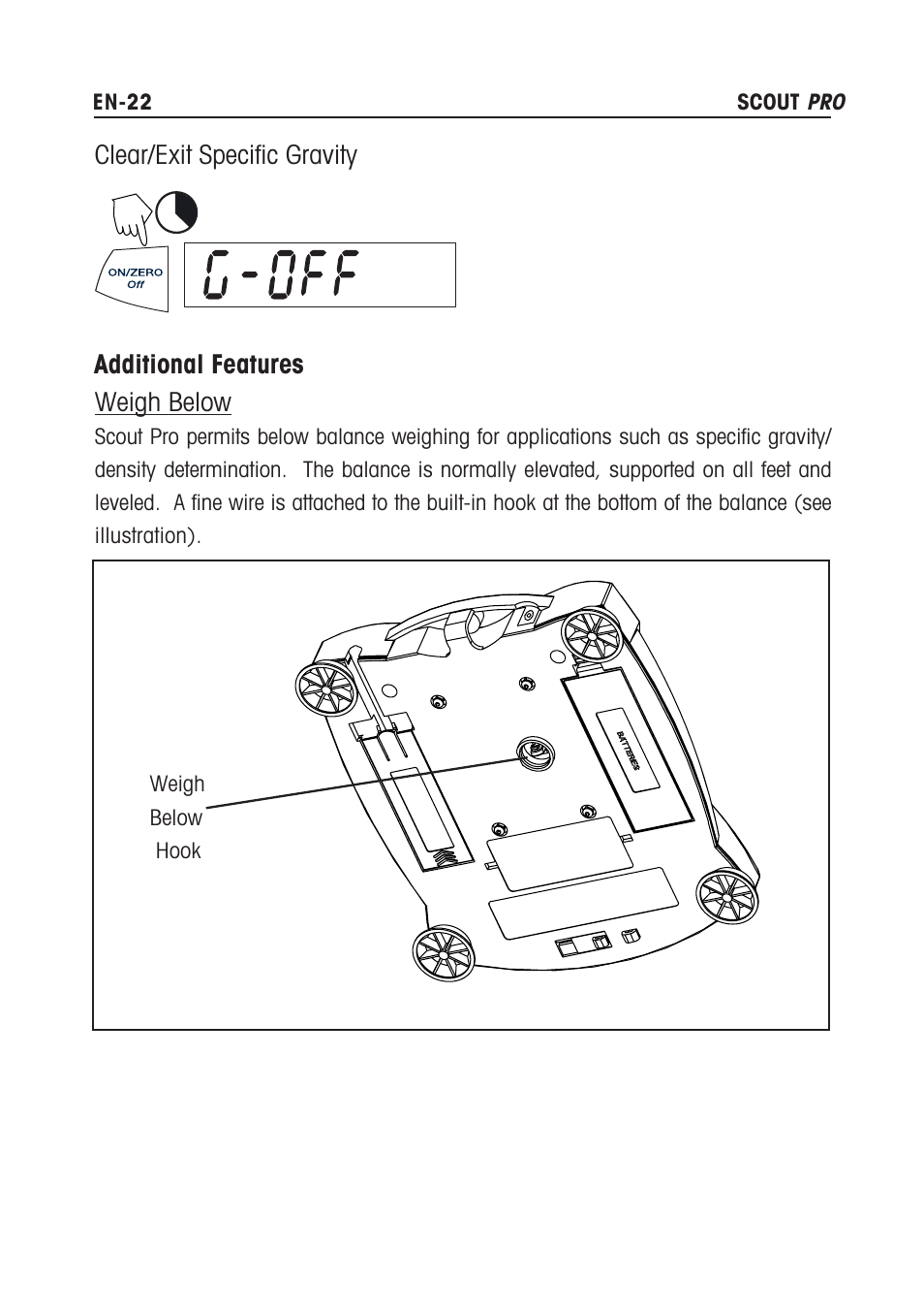 Additional features weigh below, Clear/exit specific gravity | Rice Lake Scout Pro Series Portable, Ohaus - Instruction Manual User Manual | Page 26 / 36