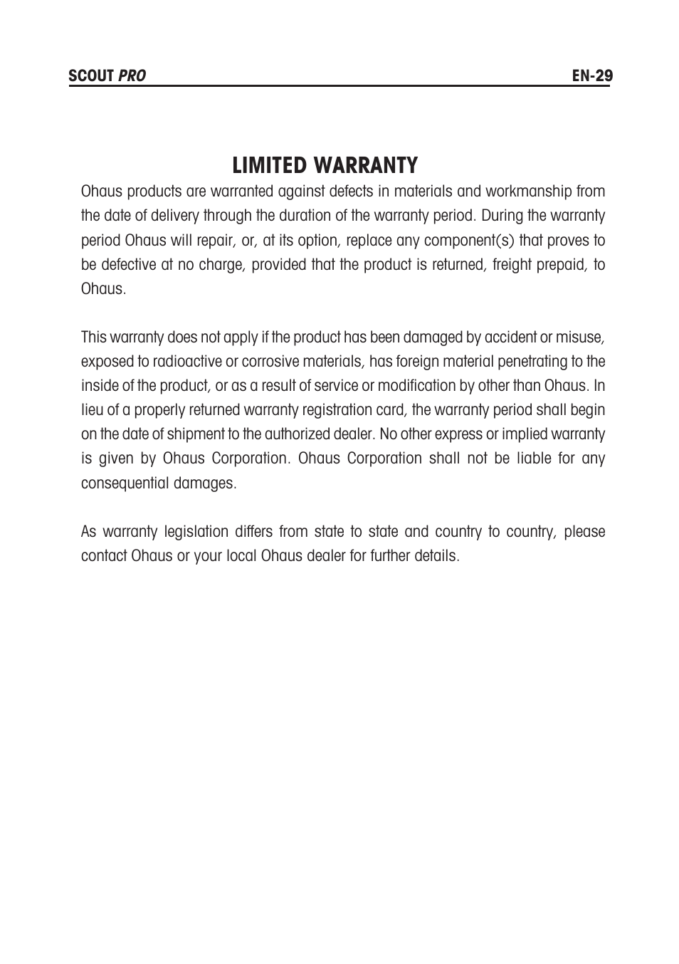 Limited warranty | Rice Lake Scout Pro Series Portable, Ohaus - Instruction Manual User Manual | Page 33 / 36