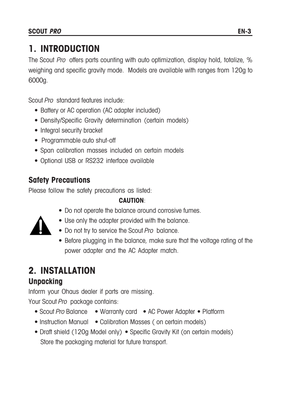 Introduction, Installation, Safety precautions | Unpacking | Rice Lake Scout Pro Series Portable, Ohaus - Instruction Manual User Manual | Page 7 / 36