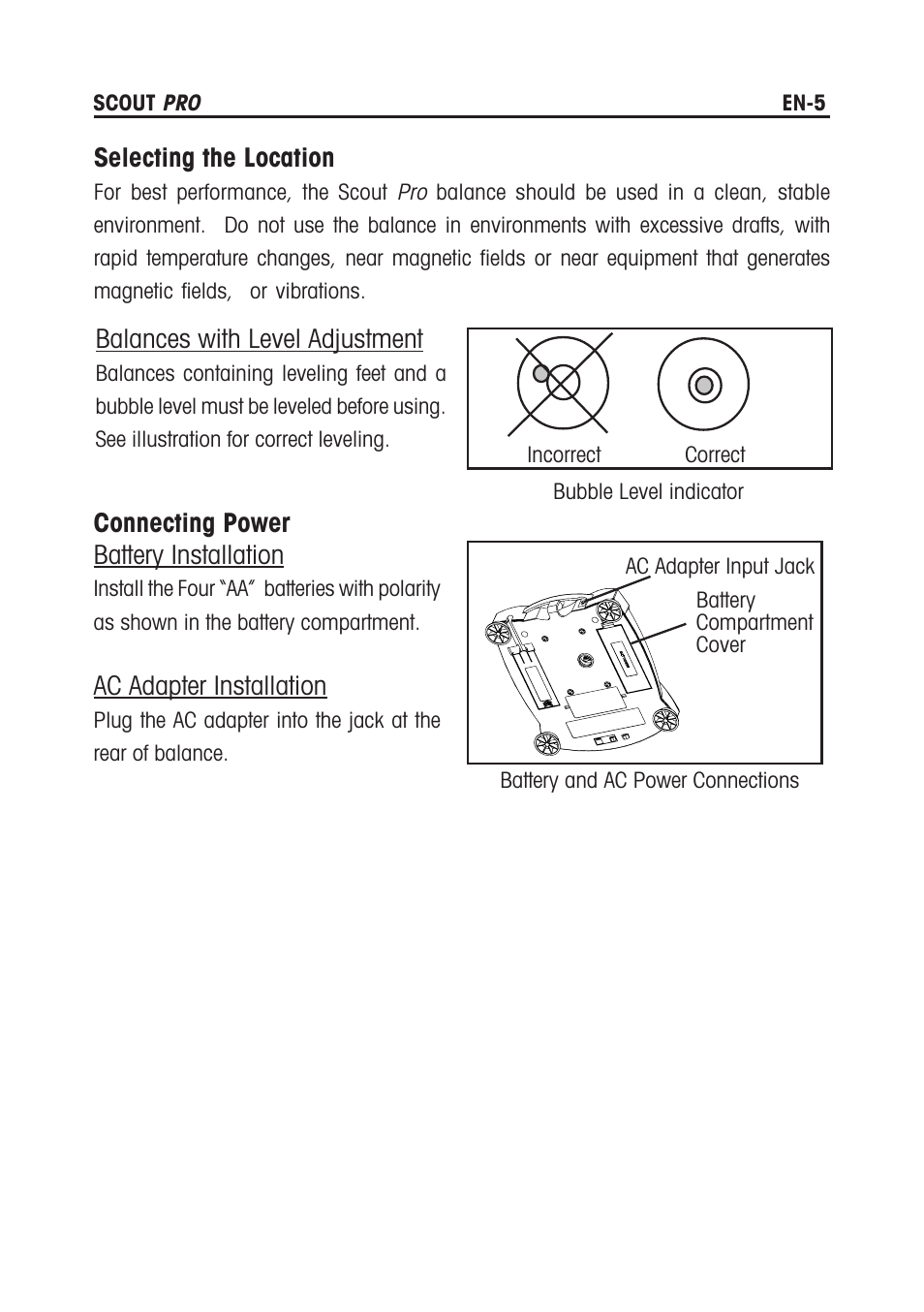 Selecting the location, Balances with level adjustment, Connecting power battery installation | Ac adapter installation | Rice Lake Scout Pro Series Portable, Ohaus - Instruction Manual User Manual | Page 9 / 36