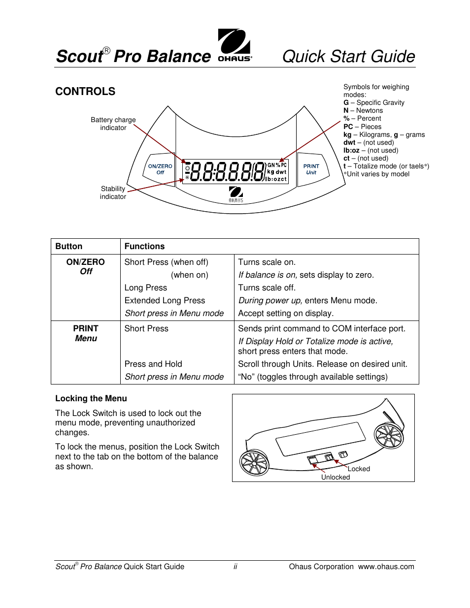 Scout, Pro balance quick start guide | Rice Lake Scout Pro Series Portable, Ohaus - Quick Start Guide User Manual | Page 2 / 4