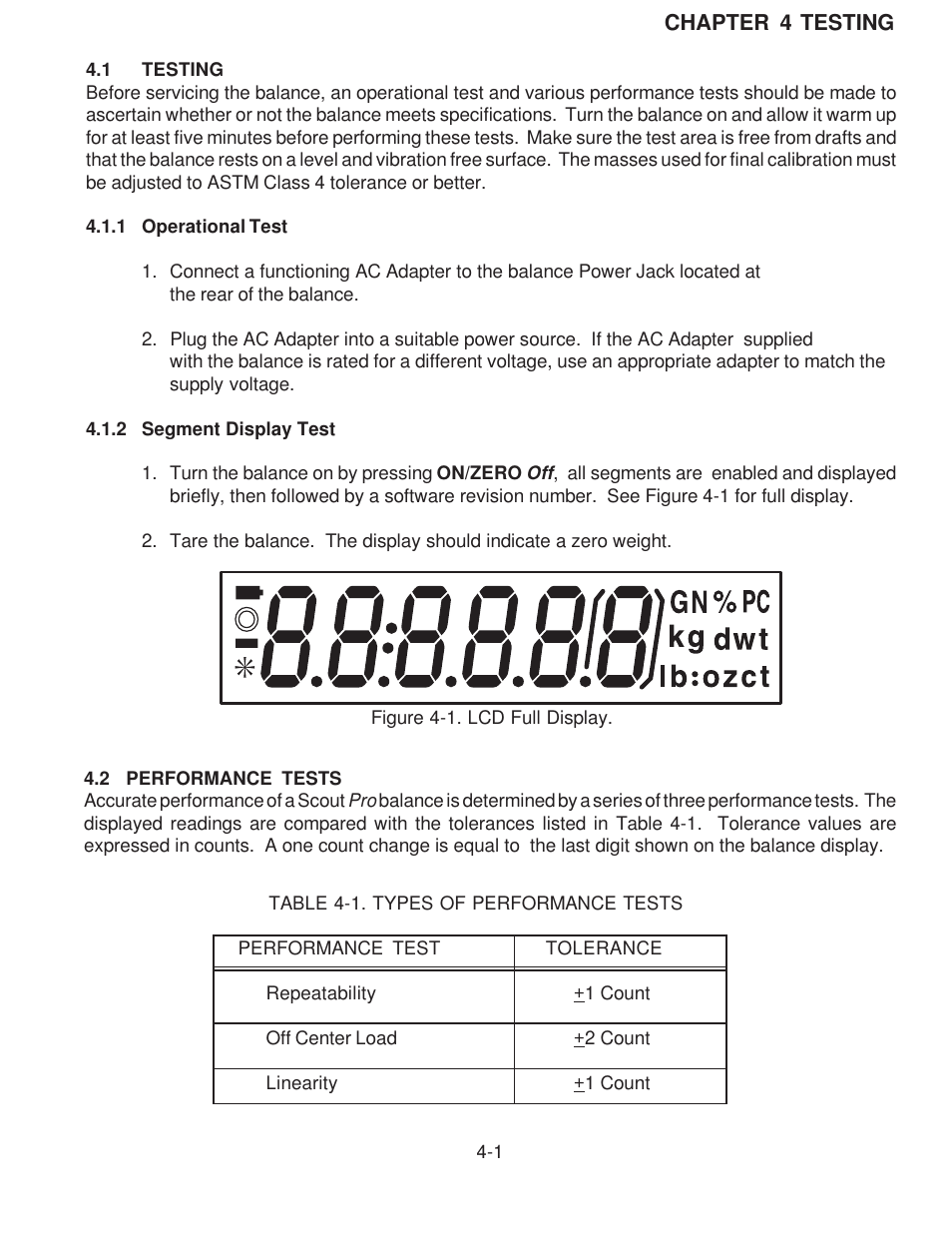 Testing, Operation test, Segment display test | Performance tests | Rice Lake Scout Pro Series Portable, Ohaus - Service Manual User Manual | Page 19 / 40