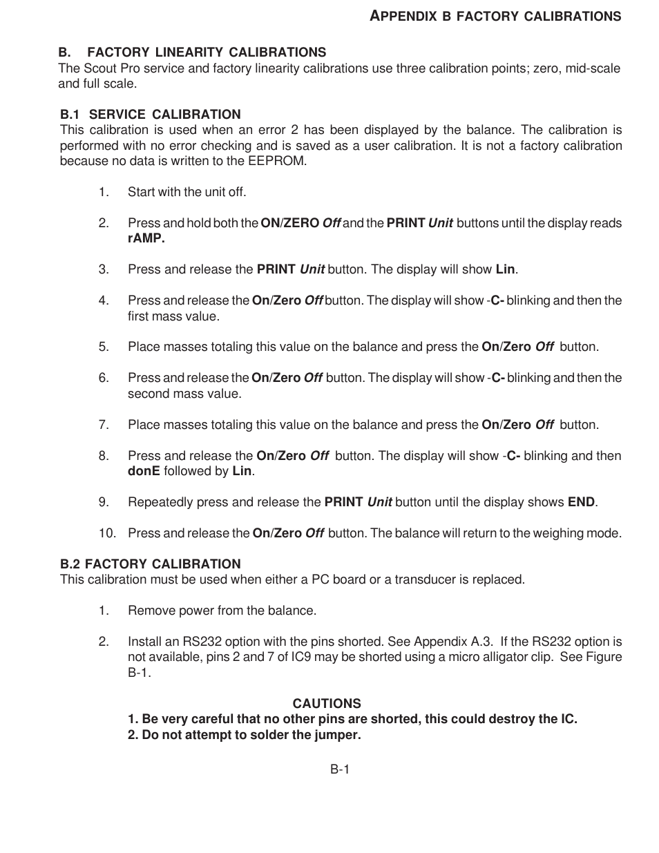 Appendix b -- factory calibrations, Factory calibrations, Service calibration | Factory calibration | Rice Lake Scout Pro Series Portable, Ohaus - Service Manual User Manual | Page 35 / 40