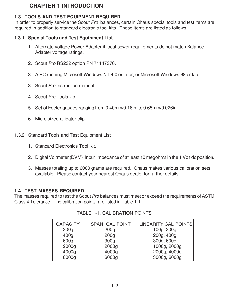 Tools & test equipment required, Special tools and test equipment list, Standard tools and test equipment list | Test masses required | Rice Lake Scout Pro Series Portable, Ohaus - Service Manual User Manual | Page 8 / 40