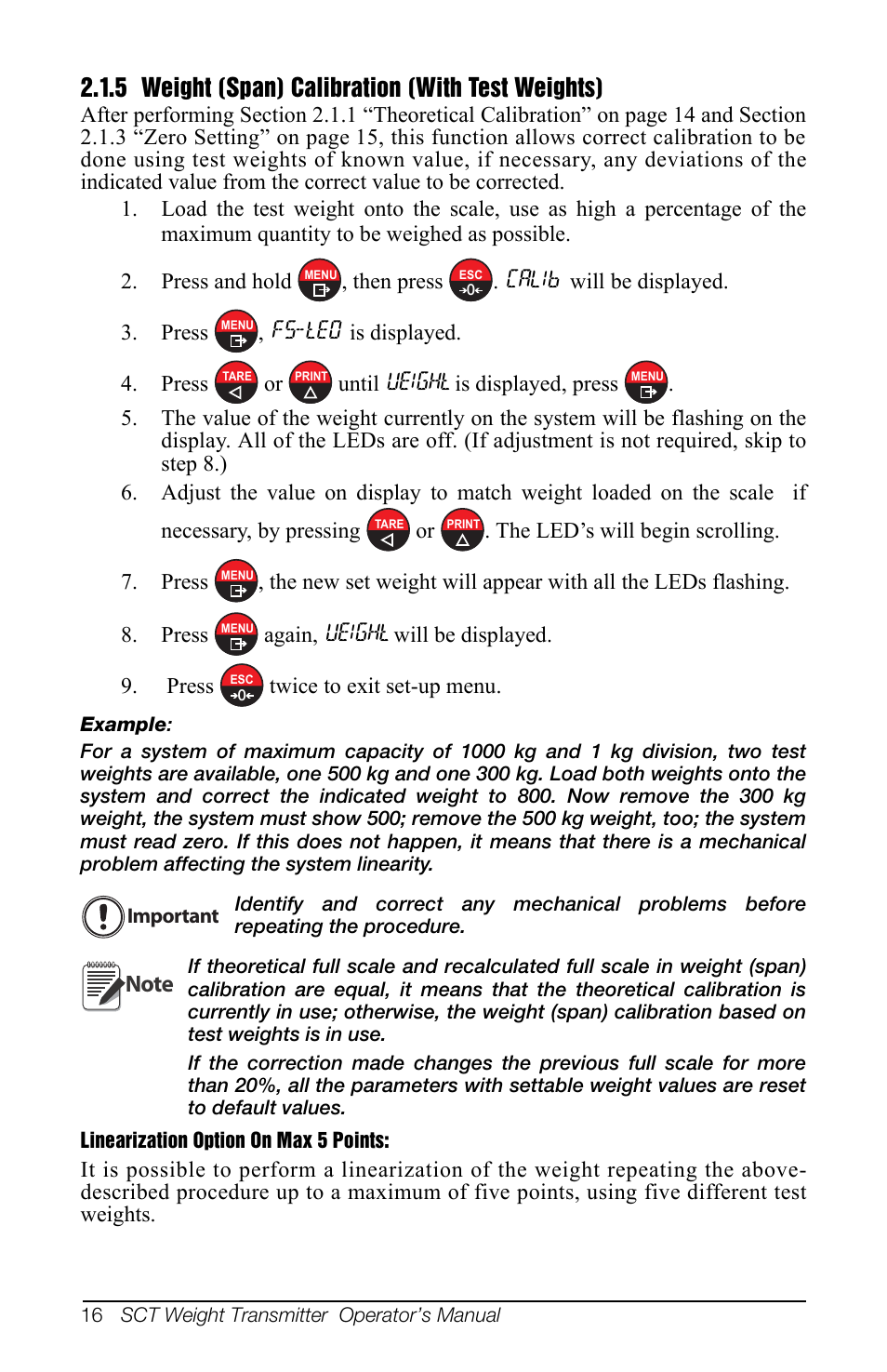 5 weight (span) calibration (with test weights), Section 2.1.5 | Rice Lake SCT-10 User Manual | Page 20 / 58