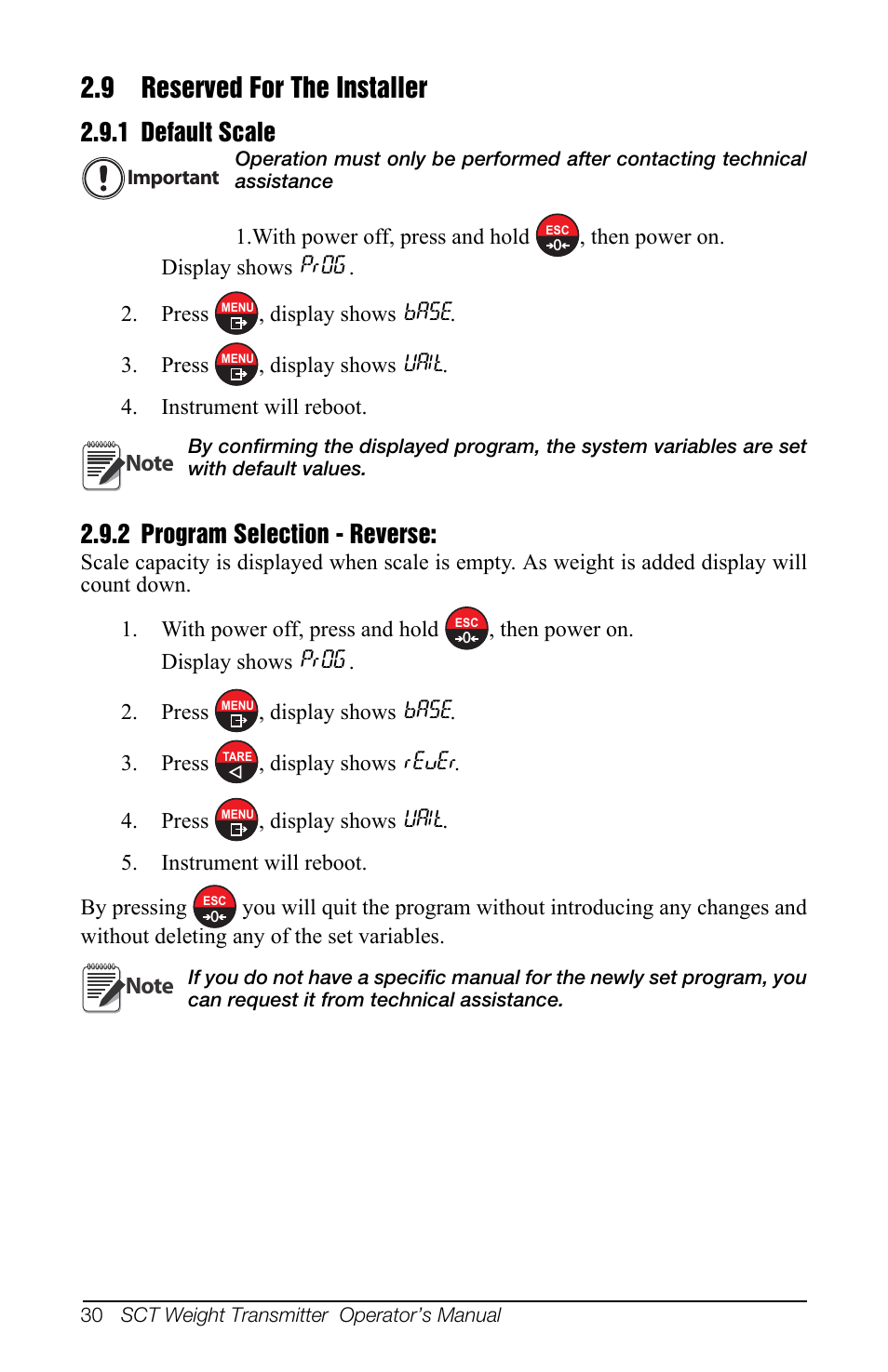 9 reserved for the installer, 1 default scale, 2 program selection - reverse | 1 default scale 2.9.2 program selection - reverse | Rice Lake SCT-10 User Manual | Page 34 / 58