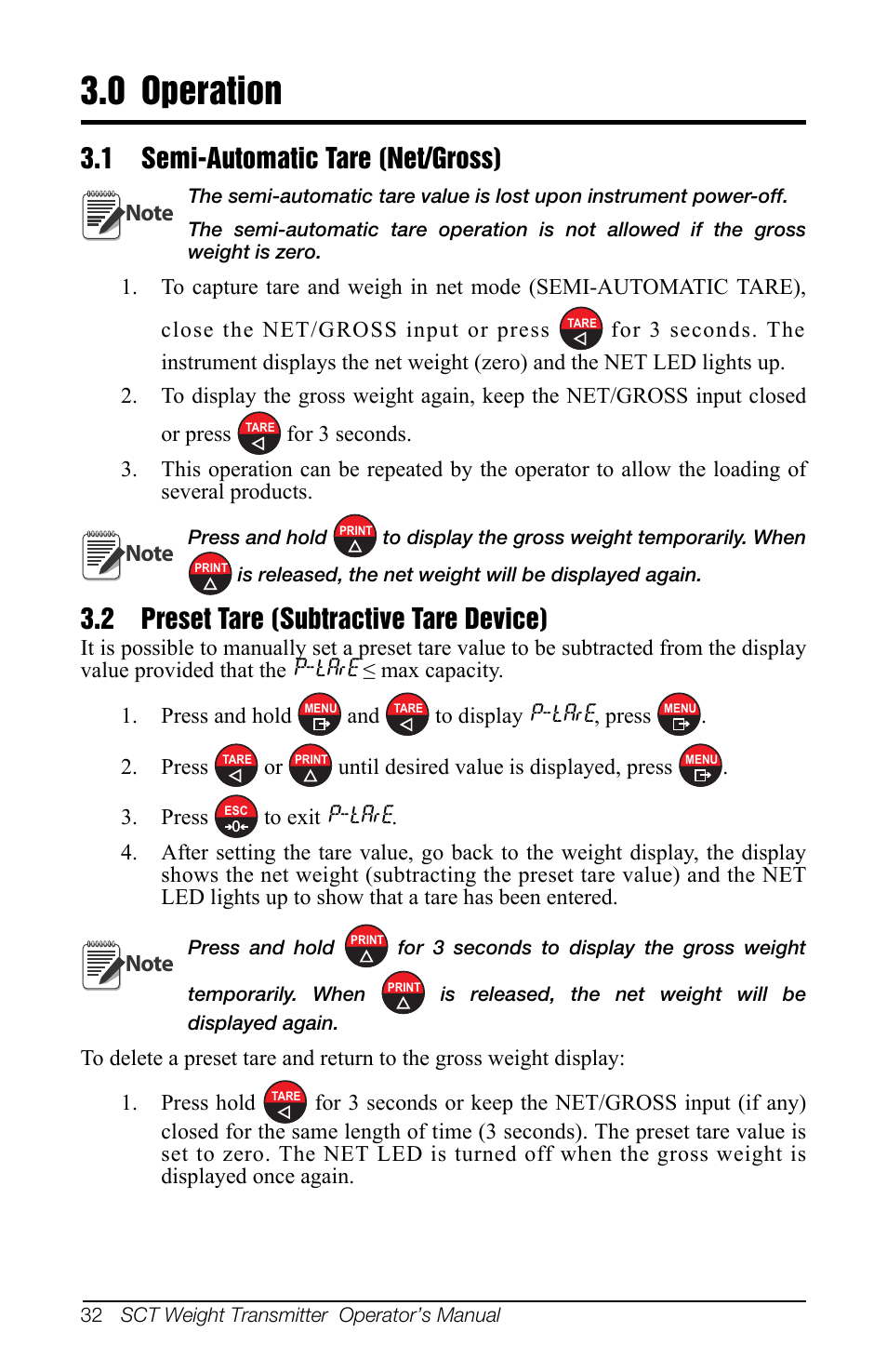 0 operation, 1 semi-automatic tare (net/gross), 2 preset tare (subtractive tare device) | Operation | Rice Lake SCT-10 User Manual | Page 36 / 58