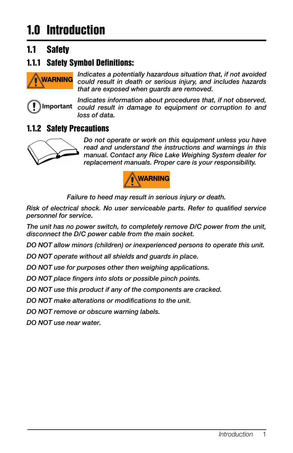 0 introduction, 1 safety, 1 safety symbol definitions | 2 safety precautions, Introduction | Rice Lake SCT-10 User Manual | Page 5 / 58