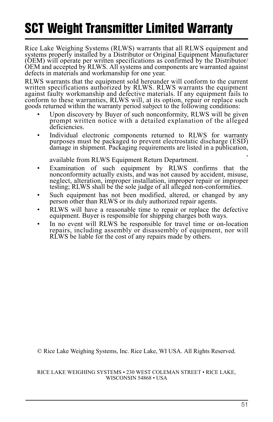 Sct weight transmitter limited warranty | Rice Lake SCT-10 User Manual | Page 55 / 58