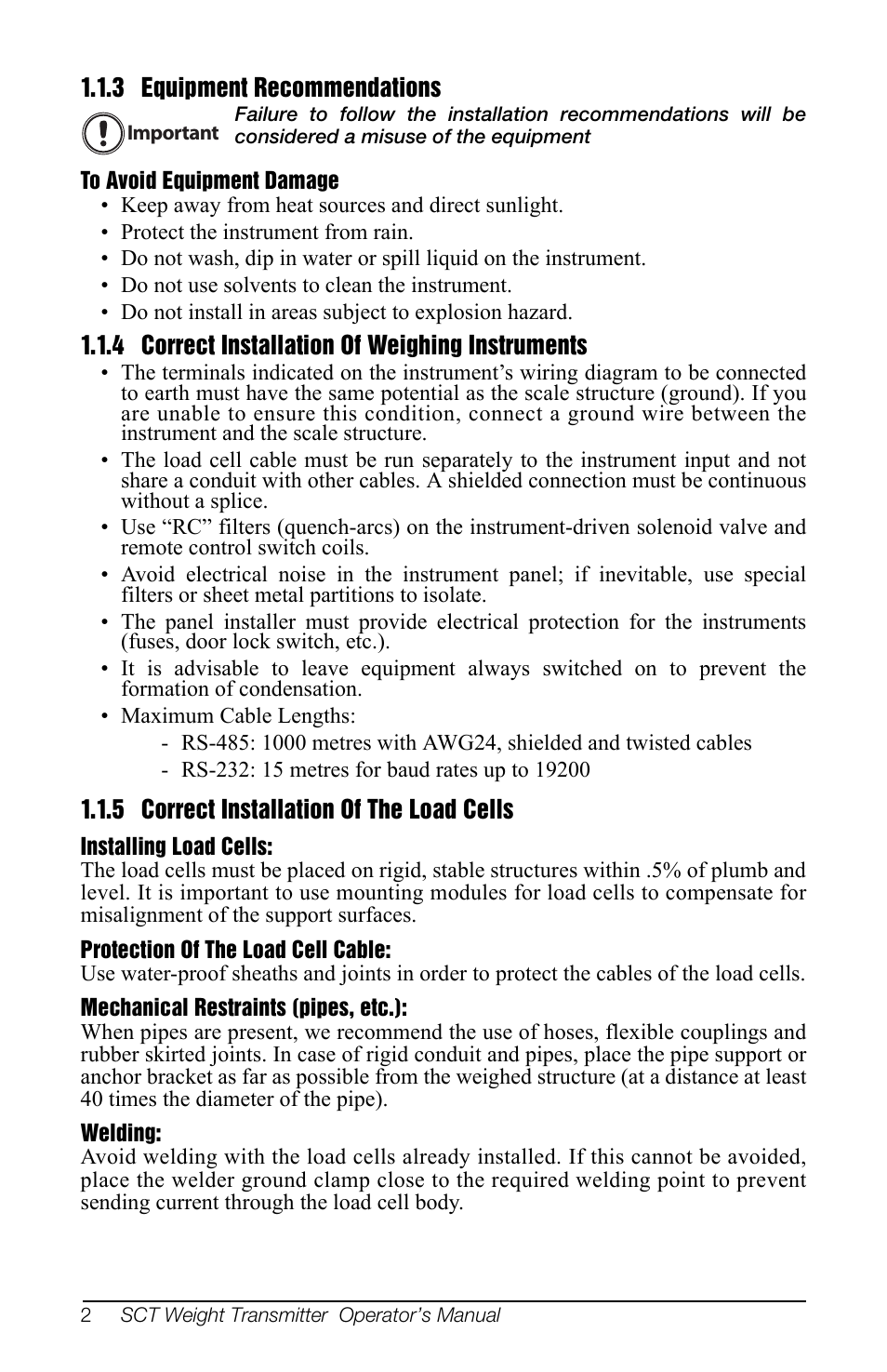 3 equipment recommendations, 4 correct installation of weighing instruments, 5 correct installation of the load cells | Rice Lake SCT-10 User Manual | Page 6 / 58