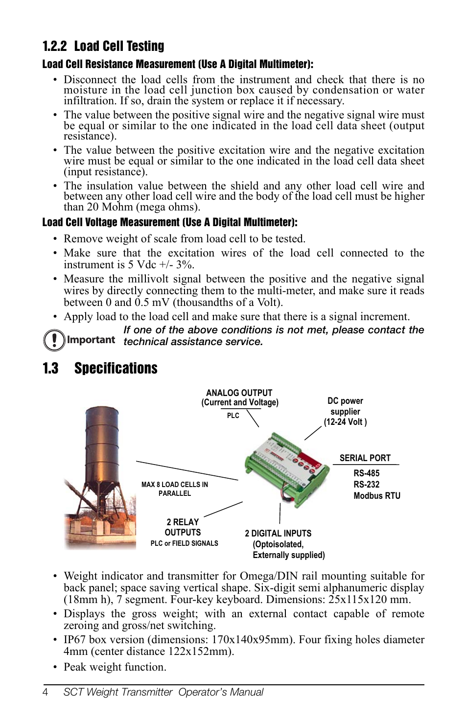 2 load cell testing, 3 specifications | Rice Lake SCT-10 User Manual | Page 8 / 58