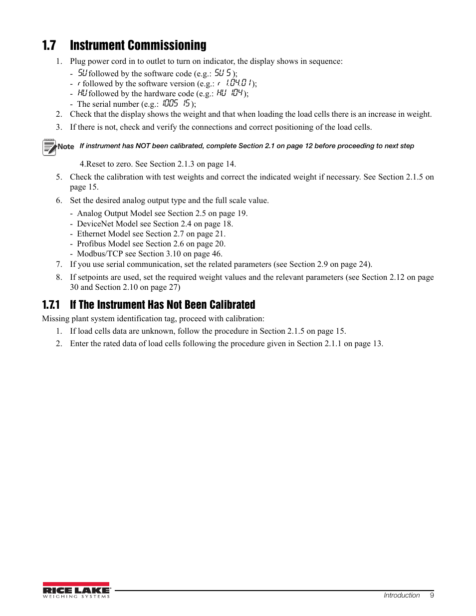 7 instrument commissioning, 1 if the instrument has not been calibrated | Rice Lake Signal Conditioning Transmitter/Indicators User Manual | Page 13 / 70