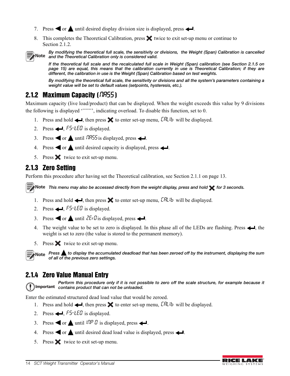 2 maximum capacity (nass ), 3 zero setting, 4 zero value manual entry | 2 maximum capacity ( nass ) | Rice Lake Signal Conditioning Transmitter/Indicators User Manual | Page 18 / 70