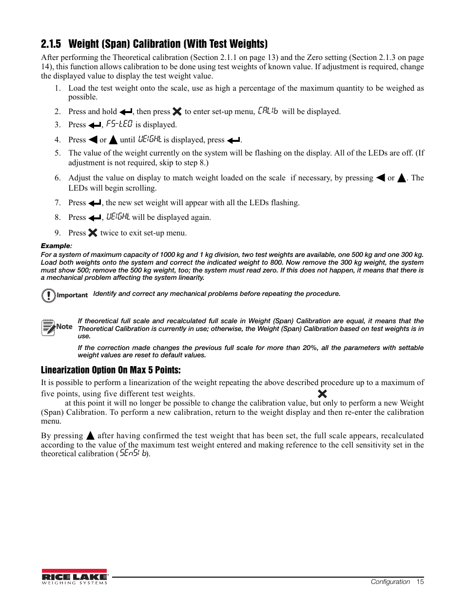 5 weight (span) calibration (with test weights), Section 2.1.5 on | Rice Lake Signal Conditioning Transmitter/Indicators User Manual | Page 19 / 70