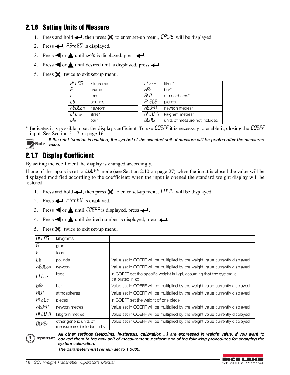 6 setting units of measure, 7 display coefficient | Rice Lake Signal Conditioning Transmitter/Indicators User Manual | Page 20 / 70