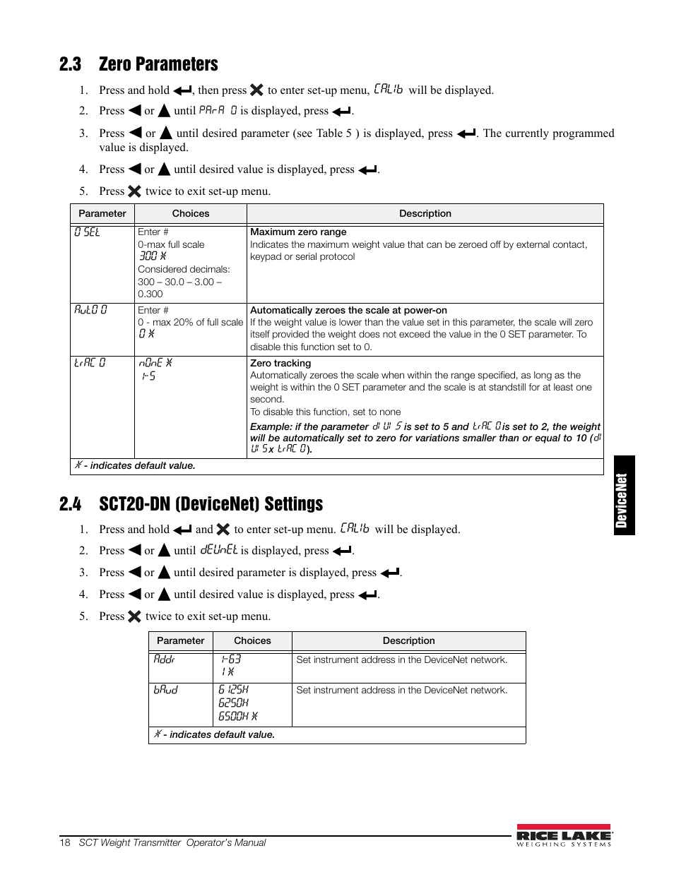 3 zero parameters, 4 sct20-dn (devicenet) settings | Rice Lake Signal Conditioning Transmitter/Indicators User Manual | Page 22 / 70