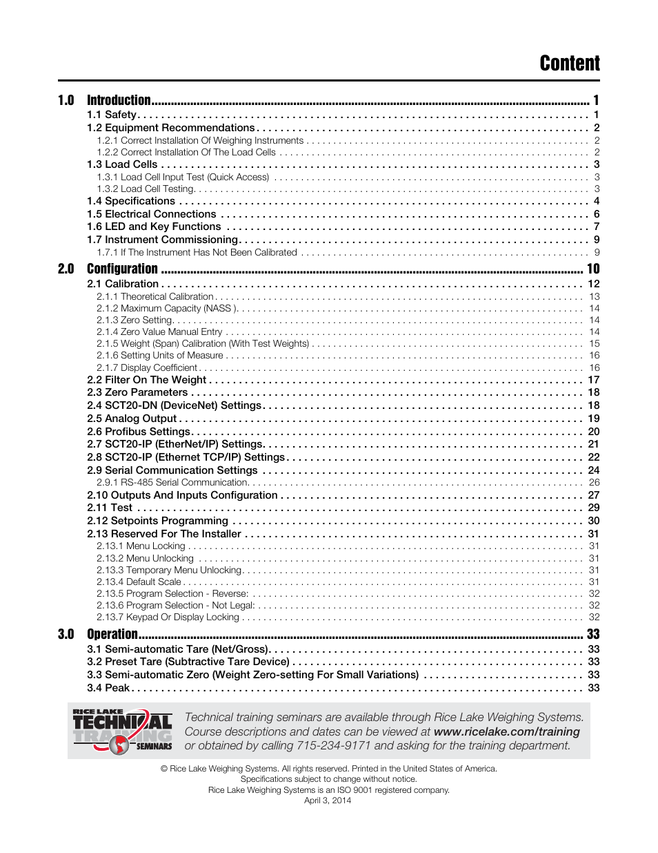 Content | Rice Lake Signal Conditioning Transmitter/Indicators User Manual | Page 3 / 70