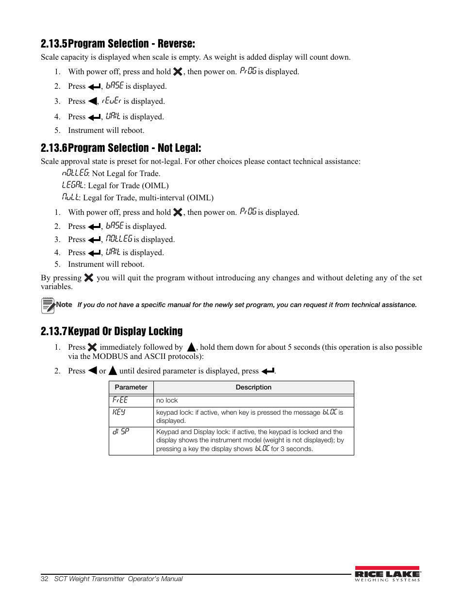 5 program selection - reverse, 6 program selection - not legal, 7 keypad or display locking | 5program selection - reverse, 6program selection - not legal, 7keypad or display locking | Rice Lake Signal Conditioning Transmitter/Indicators User Manual | Page 36 / 70