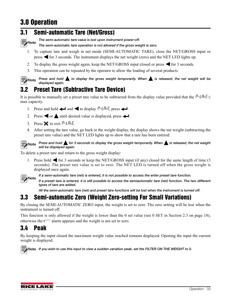 0 operation, 1 semi-automatic tare (net/gross), 2 preset tare (subtractive tare device) | 4 peak, Operation | Rice Lake Signal Conditioning Transmitter/Indicators User Manual | Page 37 / 70