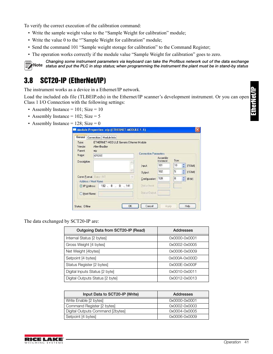 8 sct20-ip (ethernet/ip), Ethernet/ip | Rice Lake Signal Conditioning Transmitter/Indicators User Manual | Page 45 / 70