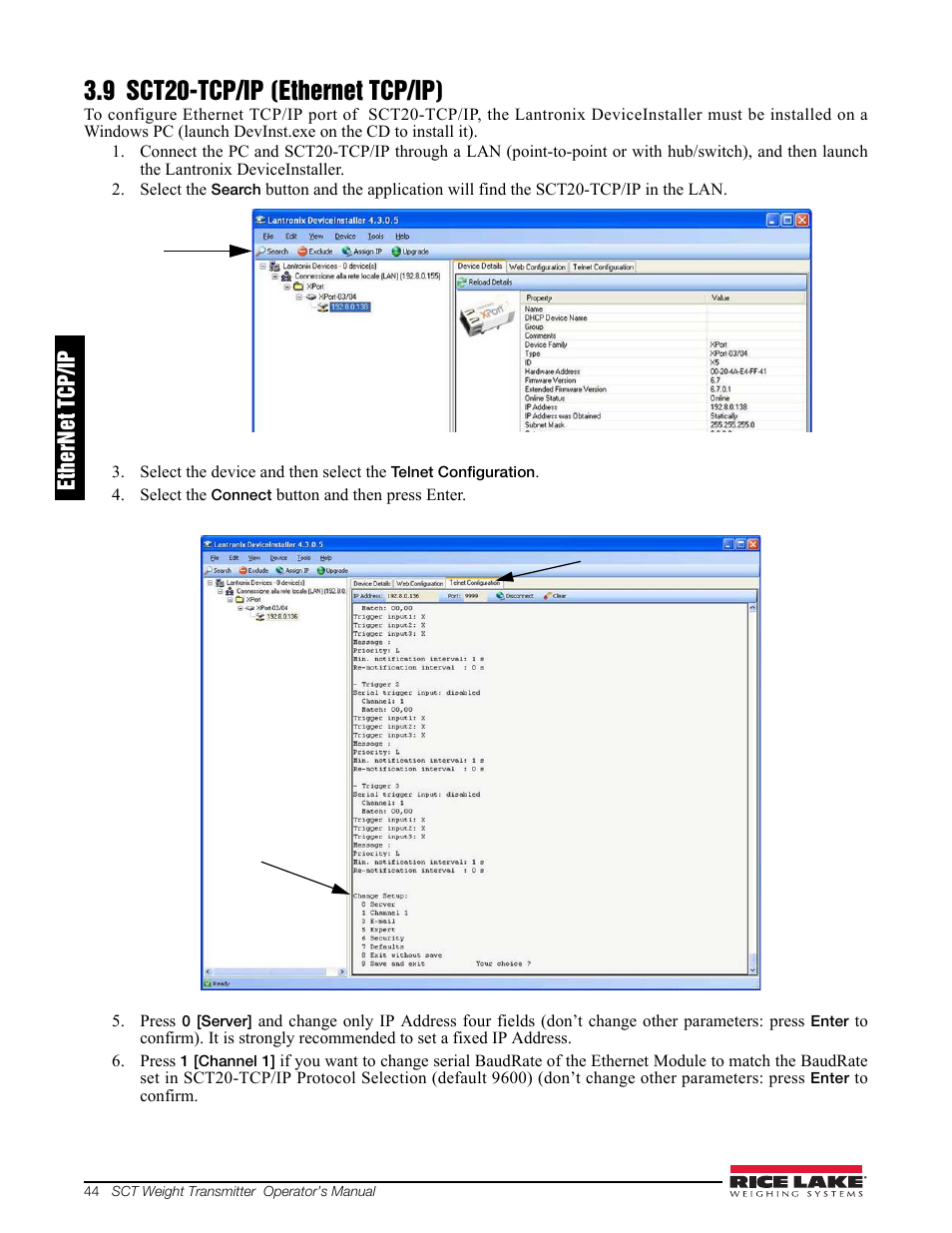 9 sct20-tcp/ip (ethernet tcp/ip), Ethernet tcp/ip | Rice Lake Signal Conditioning Transmitter/Indicators User Manual | Page 48 / 70